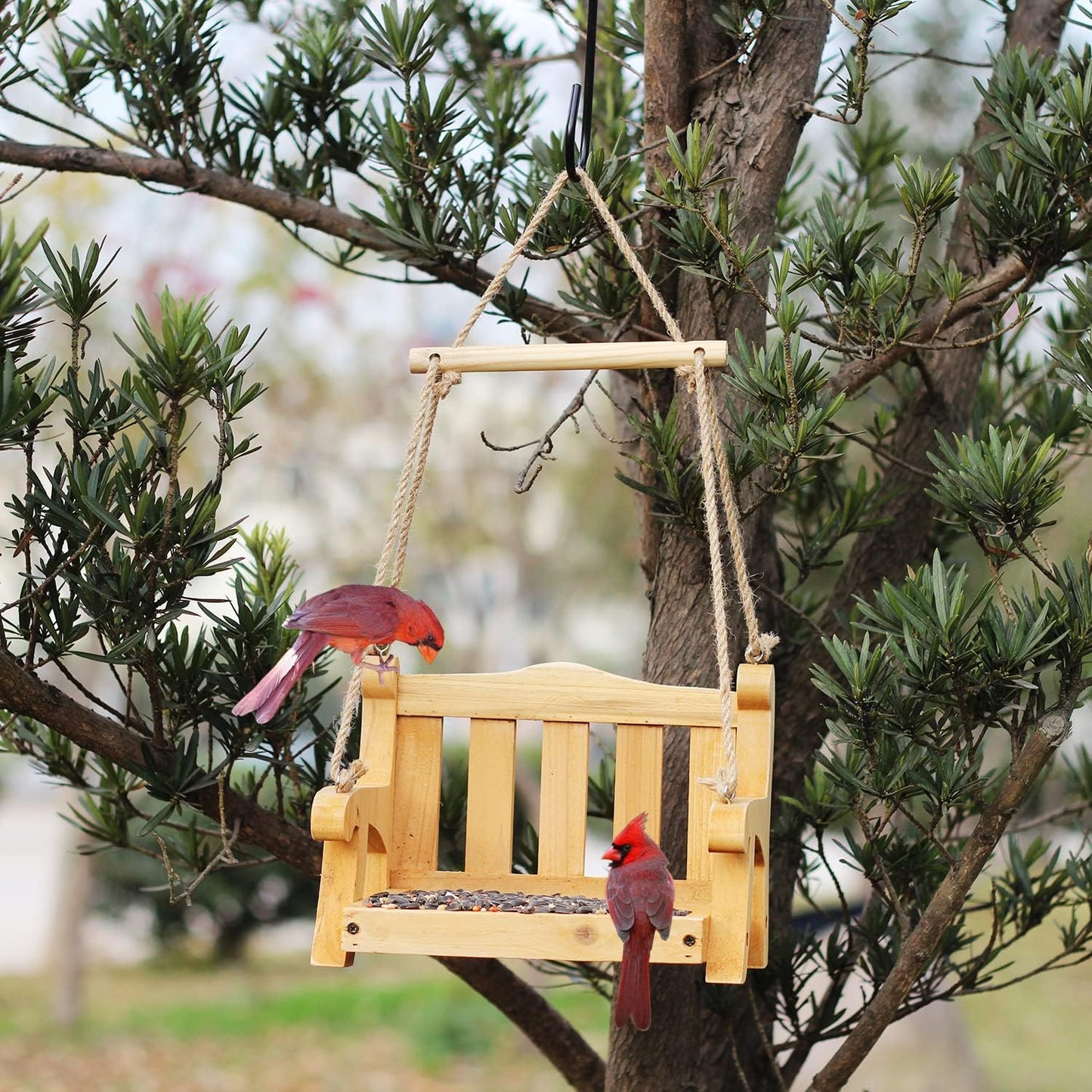 2pk Cedar Swing Birdfeeder,Traditional Regency Seat Style, Solid Wood Hand Curve Cutting, Rustic Proof Metal Mesh Tray, Bird Feeder for Outside, BJD Dolls Swing