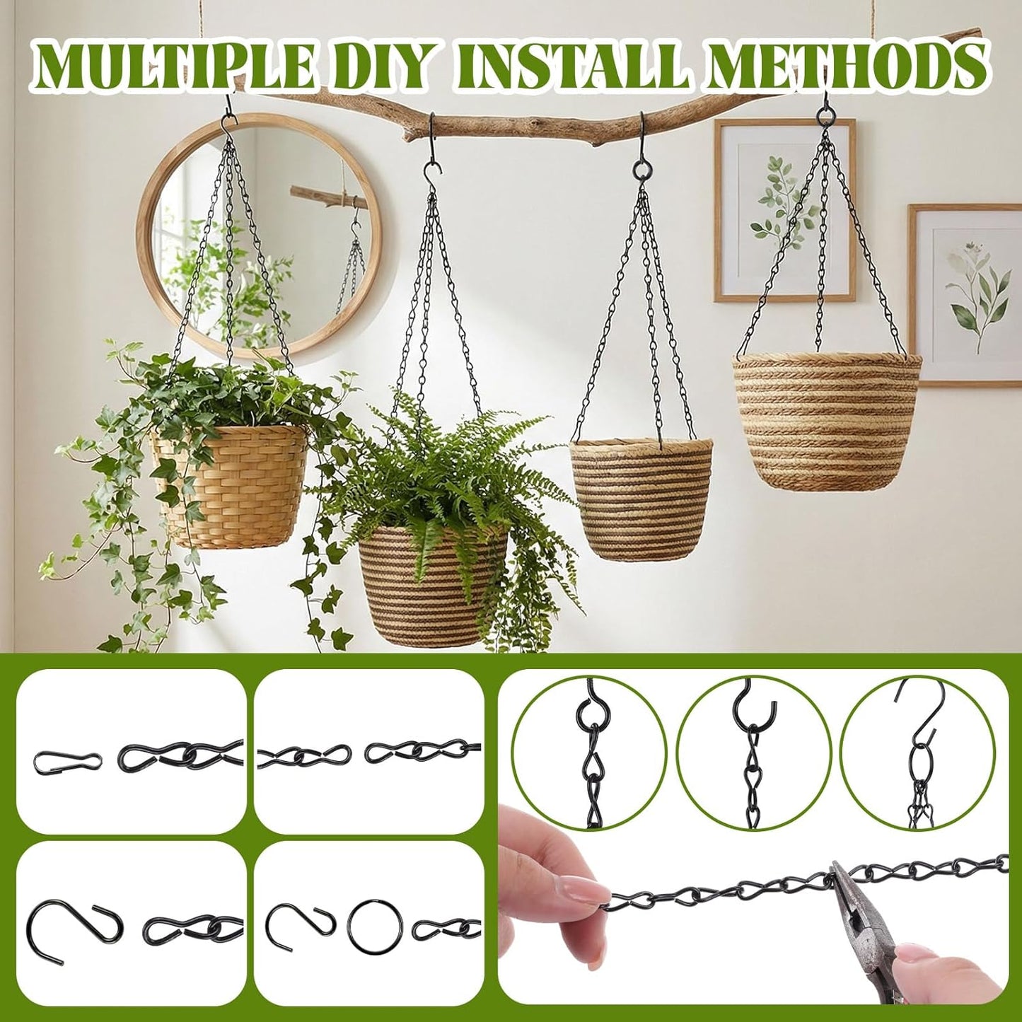 Frienda 500 Inch Metal Hanging Chains and Hanging Basket Hooks Set Small Chain with S Hooks DIY Plant Chain for Bird Feeder Birdbath Planters Grow Lights Lanterns Wind Chime and Ornaments