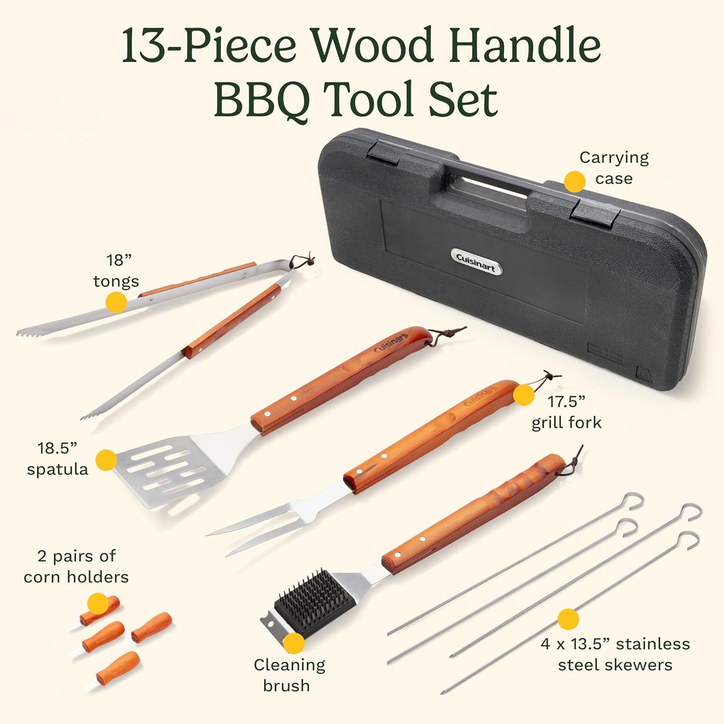Cuisinart 13-Piece Wooden Handle Grill Tools Set, Grill Utensils Set B