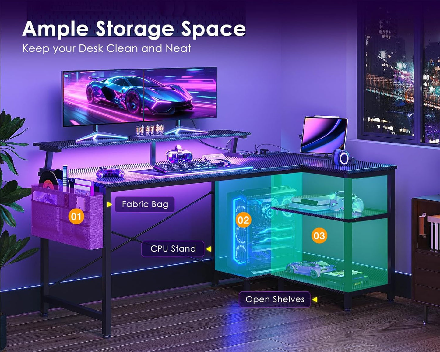 ODK 48 Inch Gaming Desk with USB Charging Ports and LED Lights, Revers