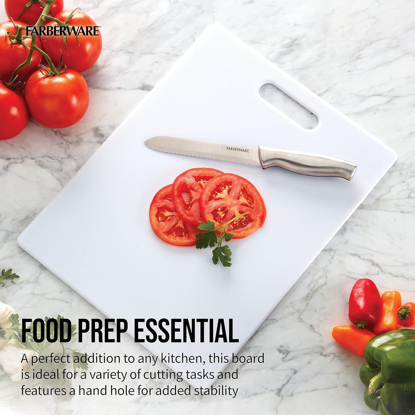 Farberware Large Cutting Board, Dishwasher- Safe Plastic Chopping Board for Kitchen with Easy Grip Handle, 11-inch by 14-inch, White