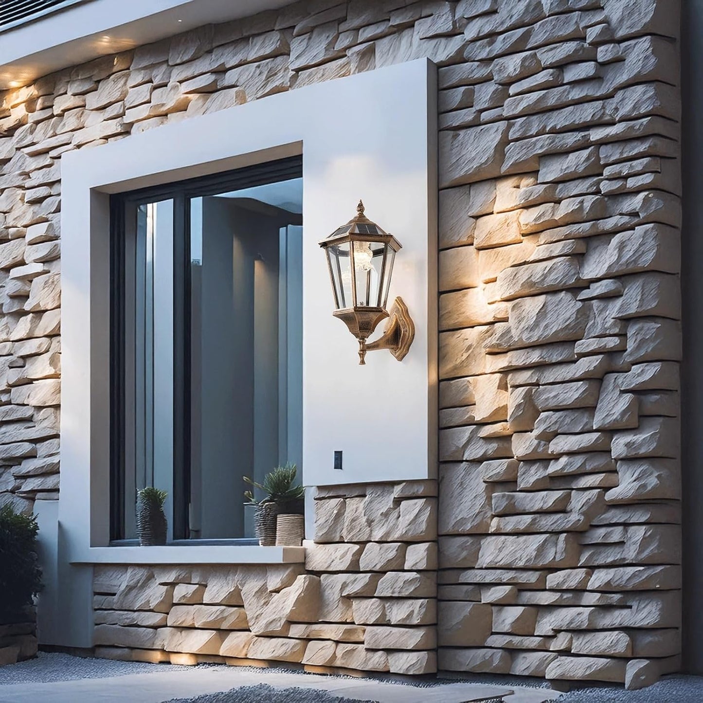 Outdoor Solar Wall Light, LED Die-cast Aluminum Sconce, European Lantern with Glass, Dusk to Dawn Sensor, Waterproof Fixture for Porch Garden Entryway Balcony Villa Cottage