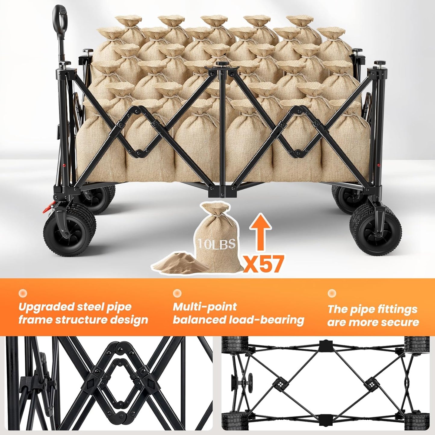 Collapsible Wagon Carts Foldable 570LBS Beach Wagon with Big All-Terra