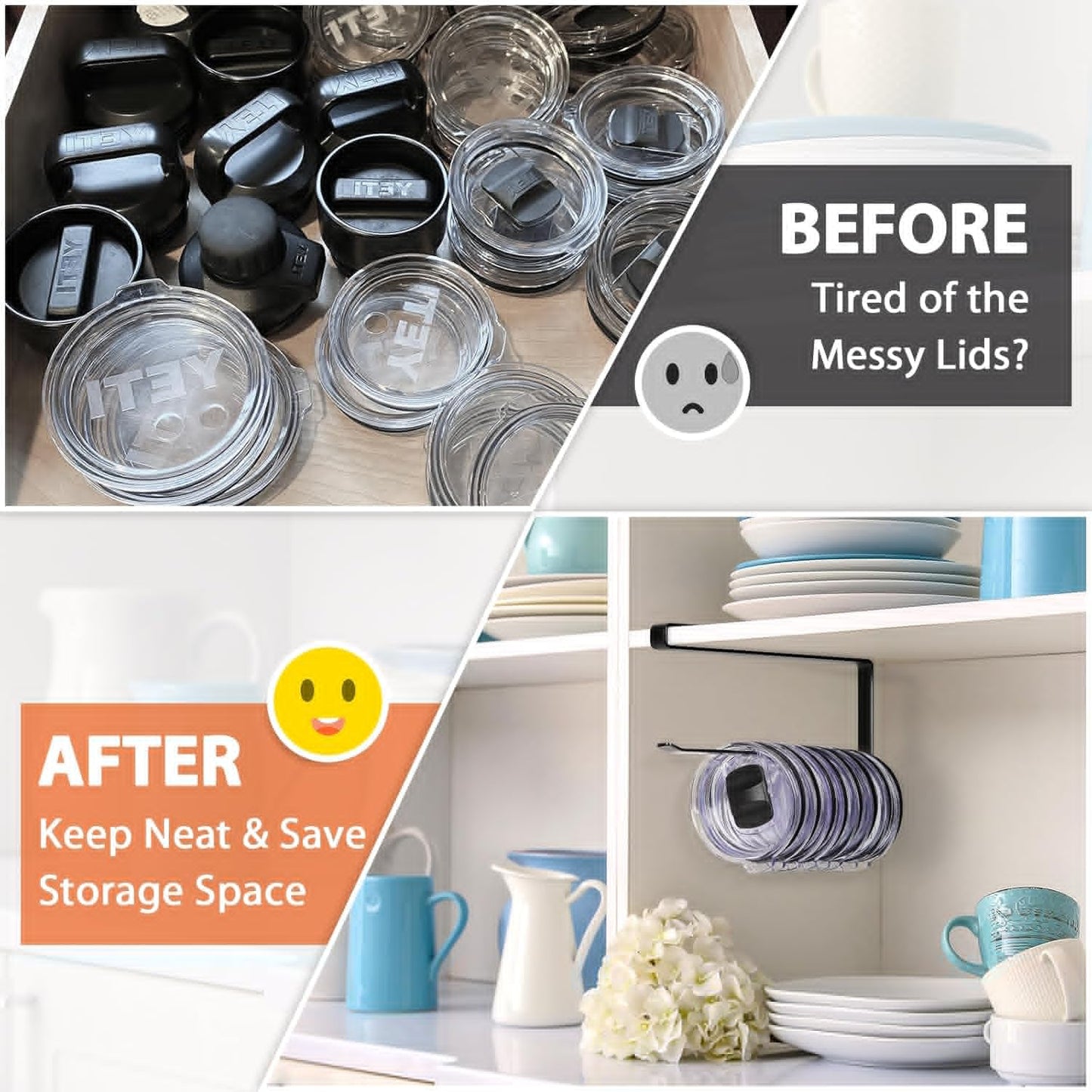 Tumbler Lid Organizer, Horizontal Tumbler Lid Storage Hook Up to 10 Li