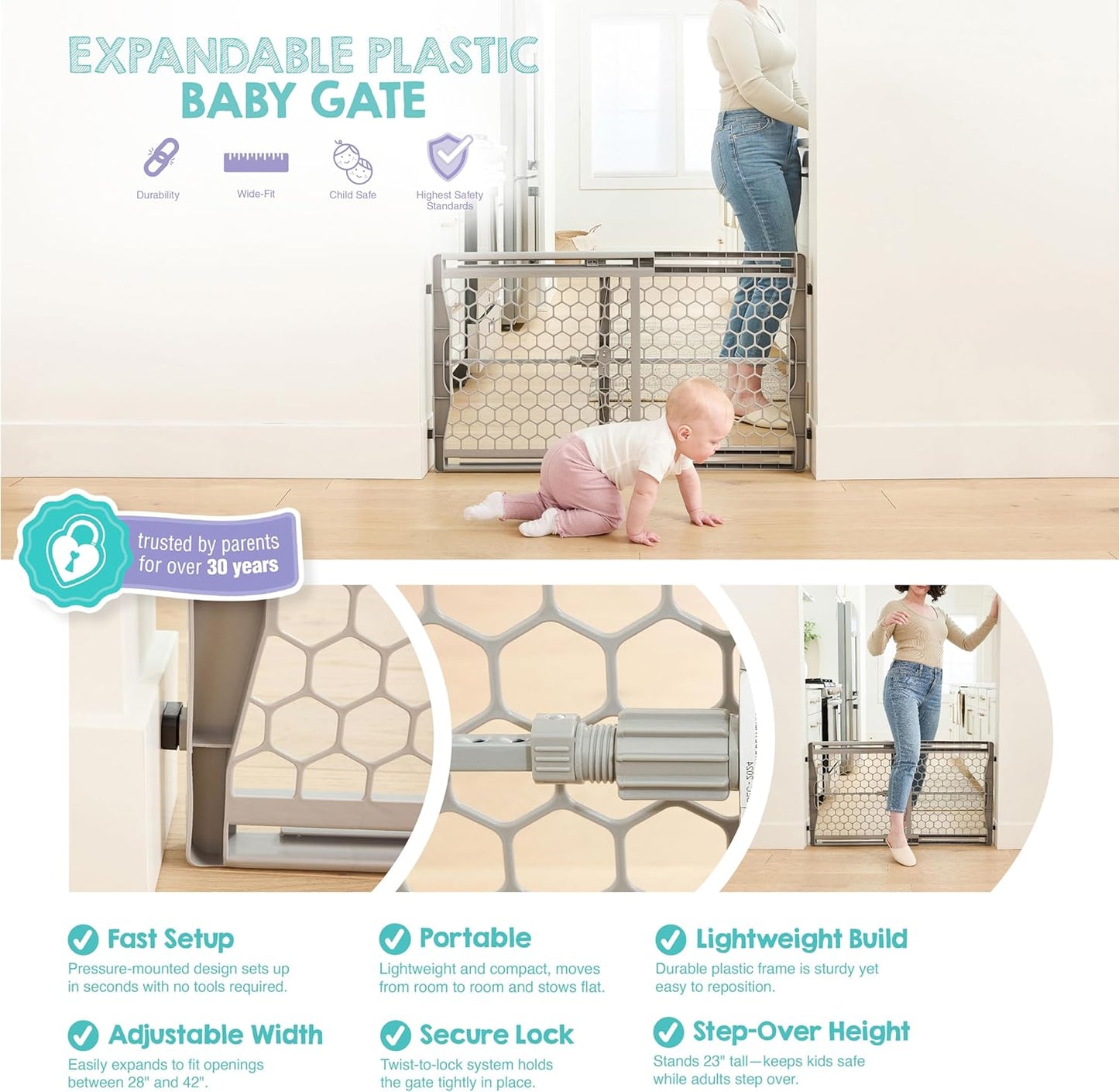 Regalo Safety 28"-42" Extra Wide Baby Gate for Doorways & Bottom of Stairs, Pressure Mounted Safety Gate for Babies, Toddlers & Pets, Tested & Safe for 30 Years, American Designed, American Owned