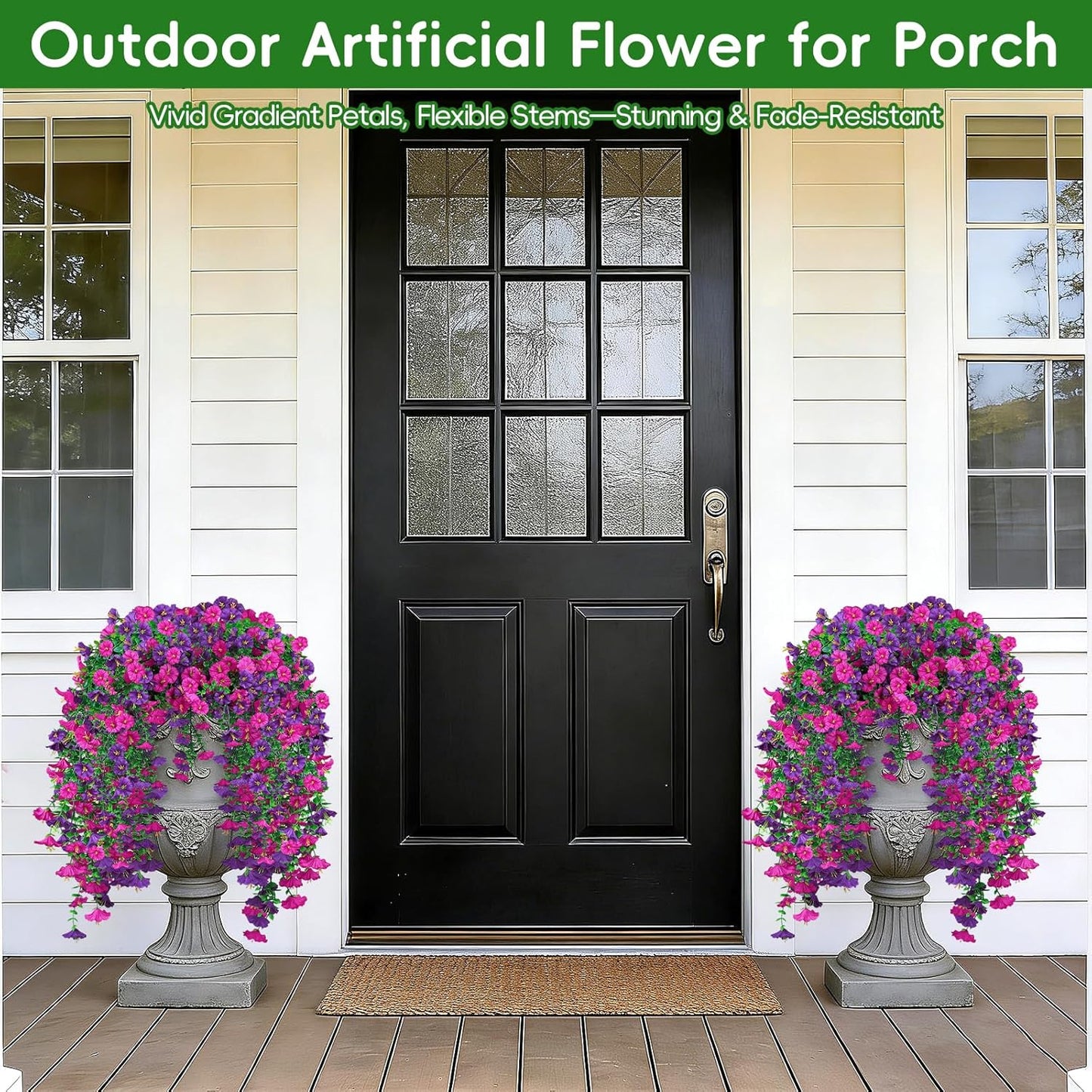 Artificial Hanging Flowers for Outdoor, 4Pcs UV Resistant Faux Morning Glory Flower Spring Summer Decroation, No Fade Fake Flower Trailing Vine for Porch Patio Balcony Yard Garden, Purple+Light Purple