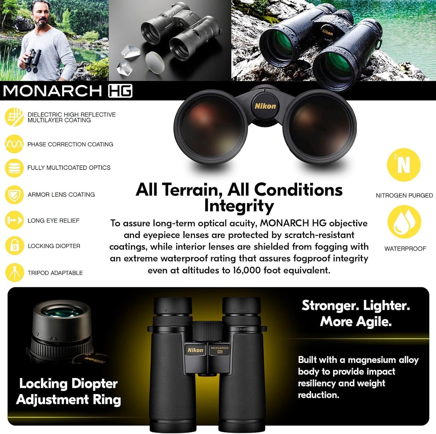 Nikon Monarch HG 10x42mm Binocular - Wide Field of View, Bright Multicoated Lenses, High-Definition Viewing - Lightweight Waterproof Fogproof Outdoor Nature Observation Binoculars (16028)
