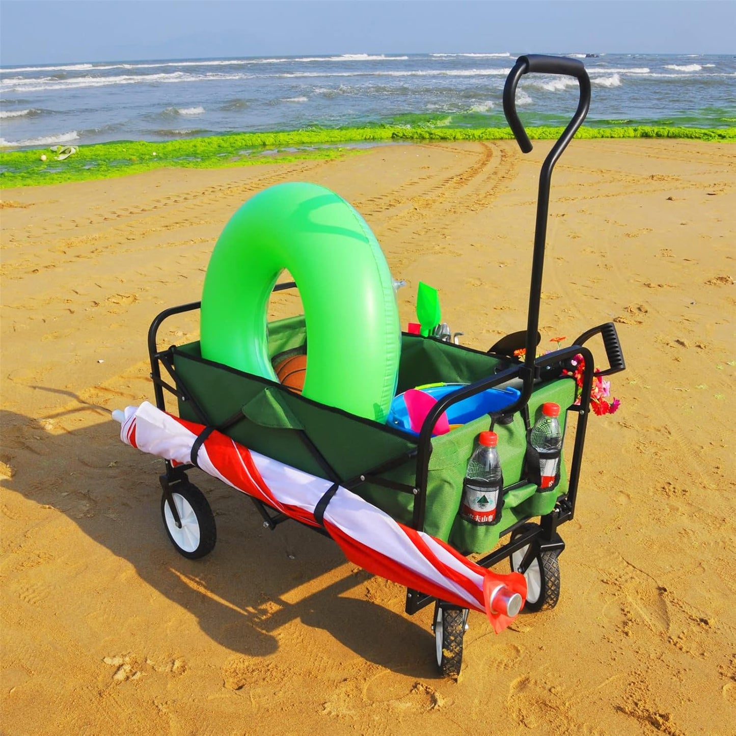 Folding Wagon Cart Collapsible Outdoor Utility Wagon with All Terrain Wheels Beach Wagon,Shopping Cart Camping Wagon Heavy Duty Steel for Beach Camping Shopping Sports Portable (Blue4) (Green)