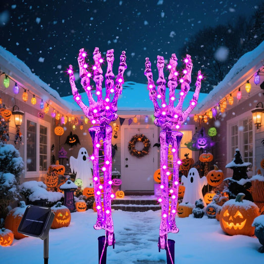 Halloween Solar Skeleton Arm Stakes with 100 Purple LED Lights, Scary LED Bone Hands with 8 Lighting Modes for Pathway Garden Outdoor Decorations
