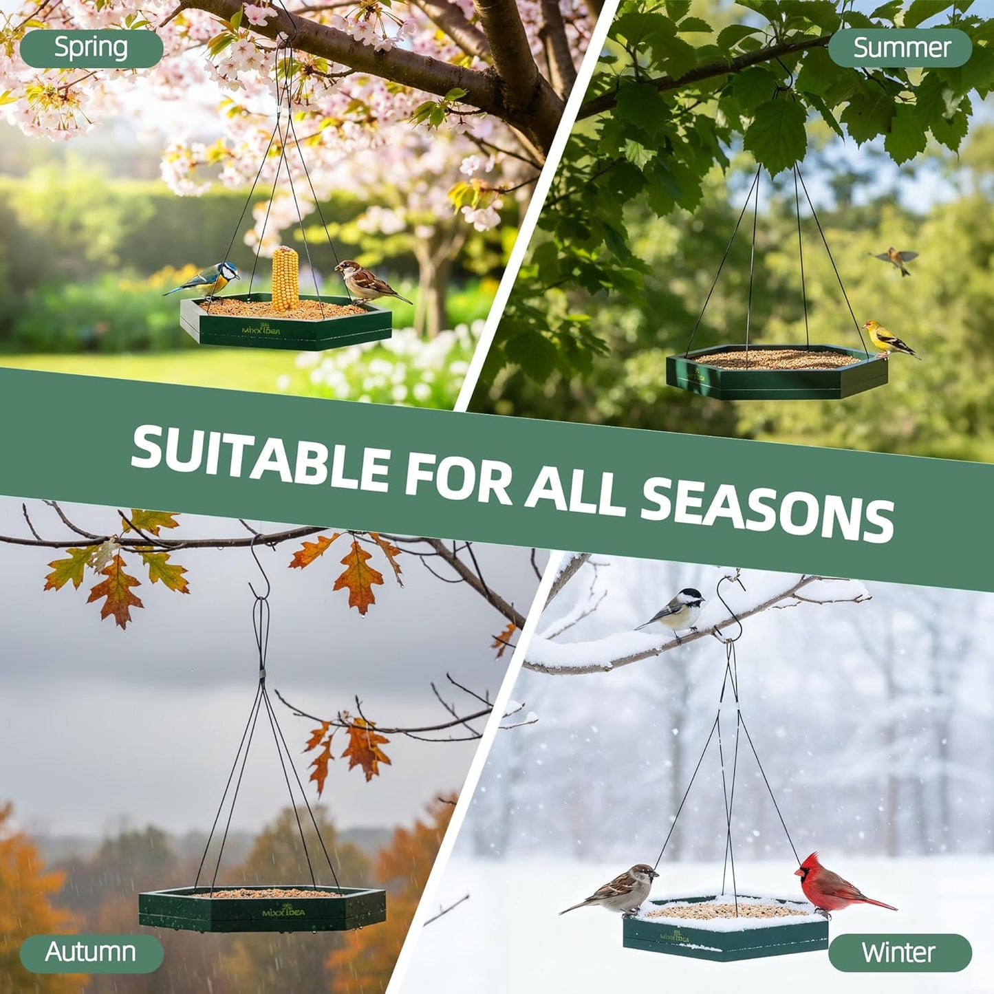 MIXXIDEA Platform Bird Feeder Tray, Hanging Bird Feeders for Outdoors, Wooden Seed Tray Mesh Seed Platform for Garden Yard Outside Decoration Attracting for Wild Birds (1pk-Green)