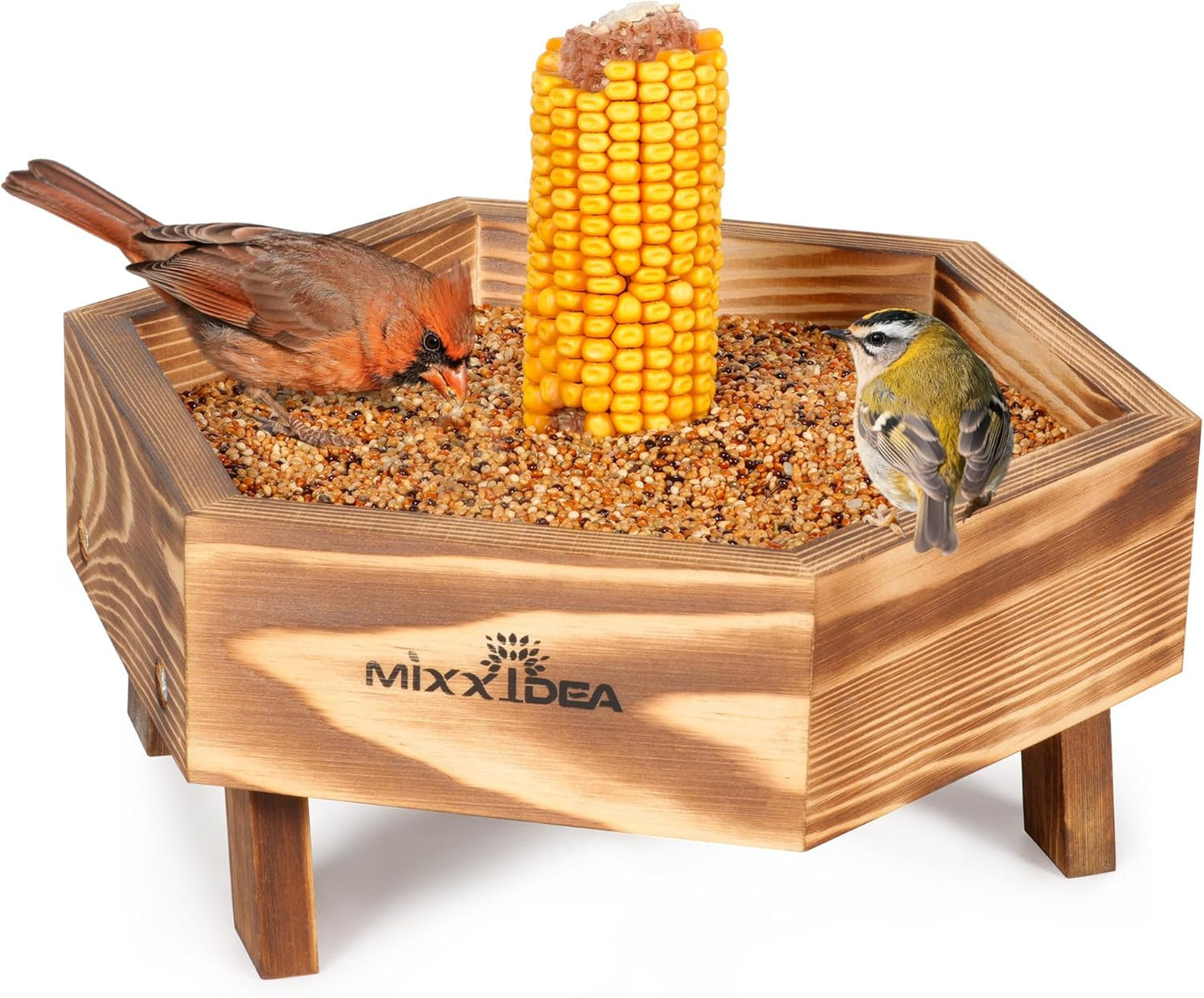 MIXXIDEA Ground Bird Feeder for Outdoors, Wooden Mesh Seed Tray for Bi