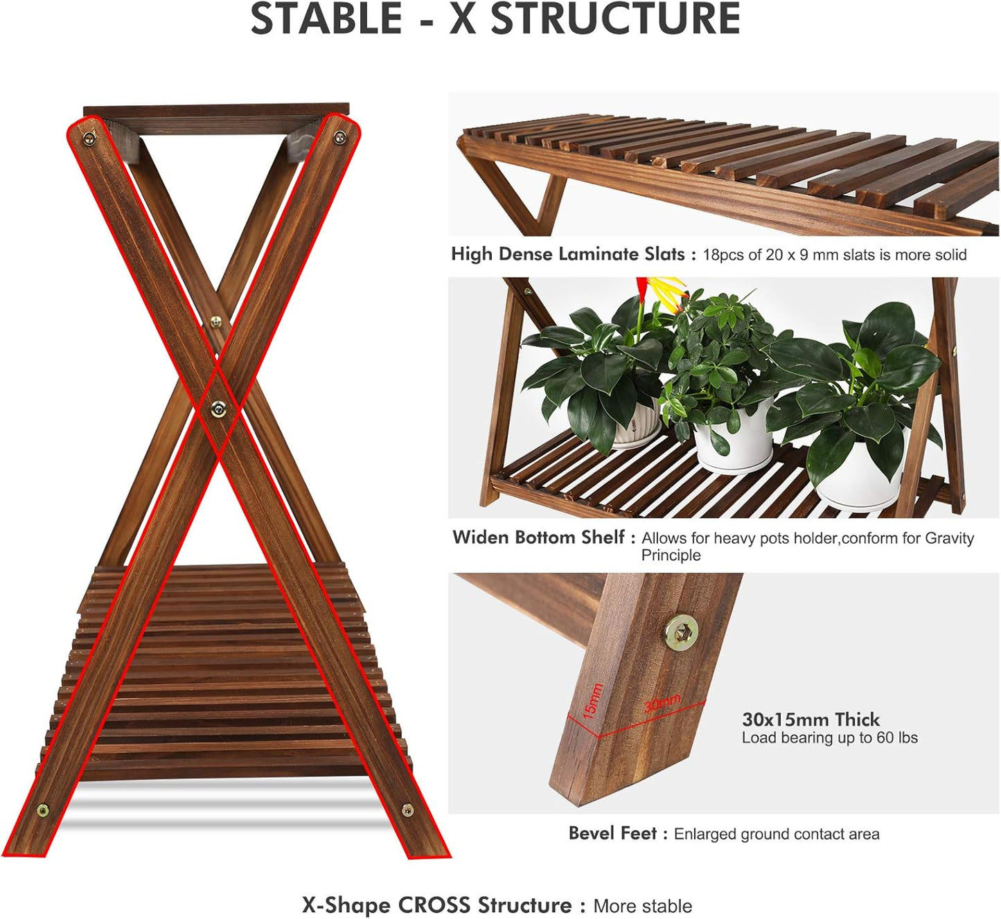 Wood Plant Stand Indoor Outdoor 2 Tiers Flower Stand Corner Stepped Pl