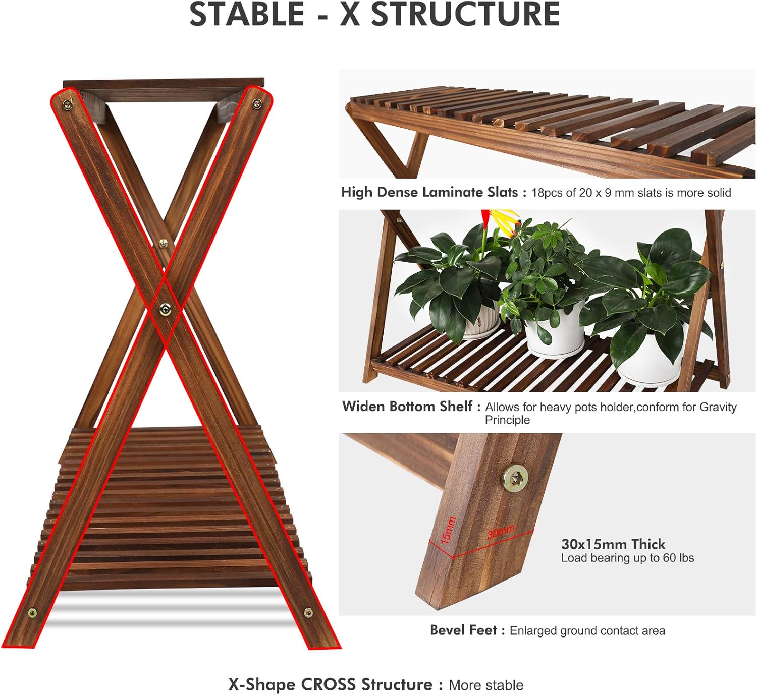 Wood Plant Stand Indoor Outdoor 2 Tiers Flower Stand Corner Stepped Pl