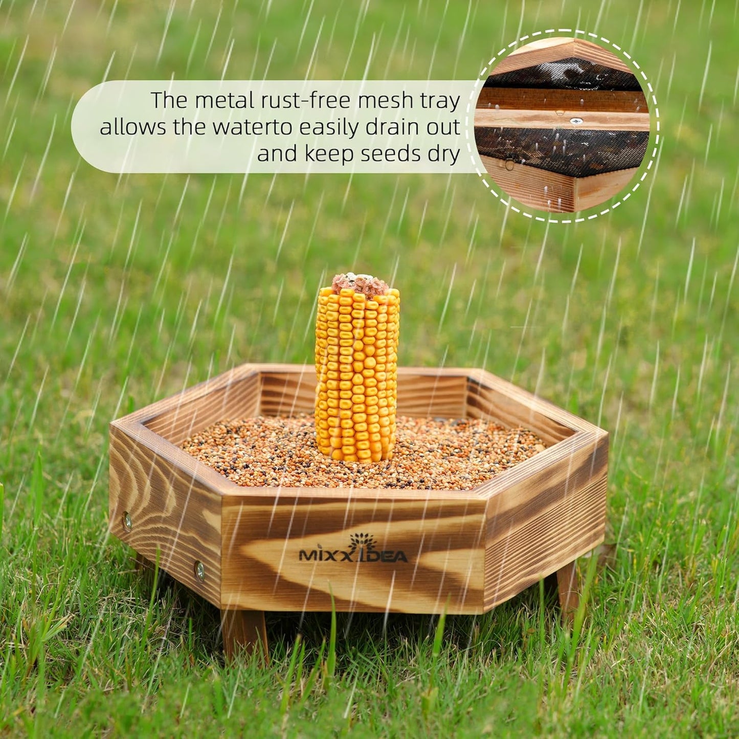 MIXXIDEA Ground Bird Feeder for Outdoors, Wooden Mesh Seed Tray for Bi