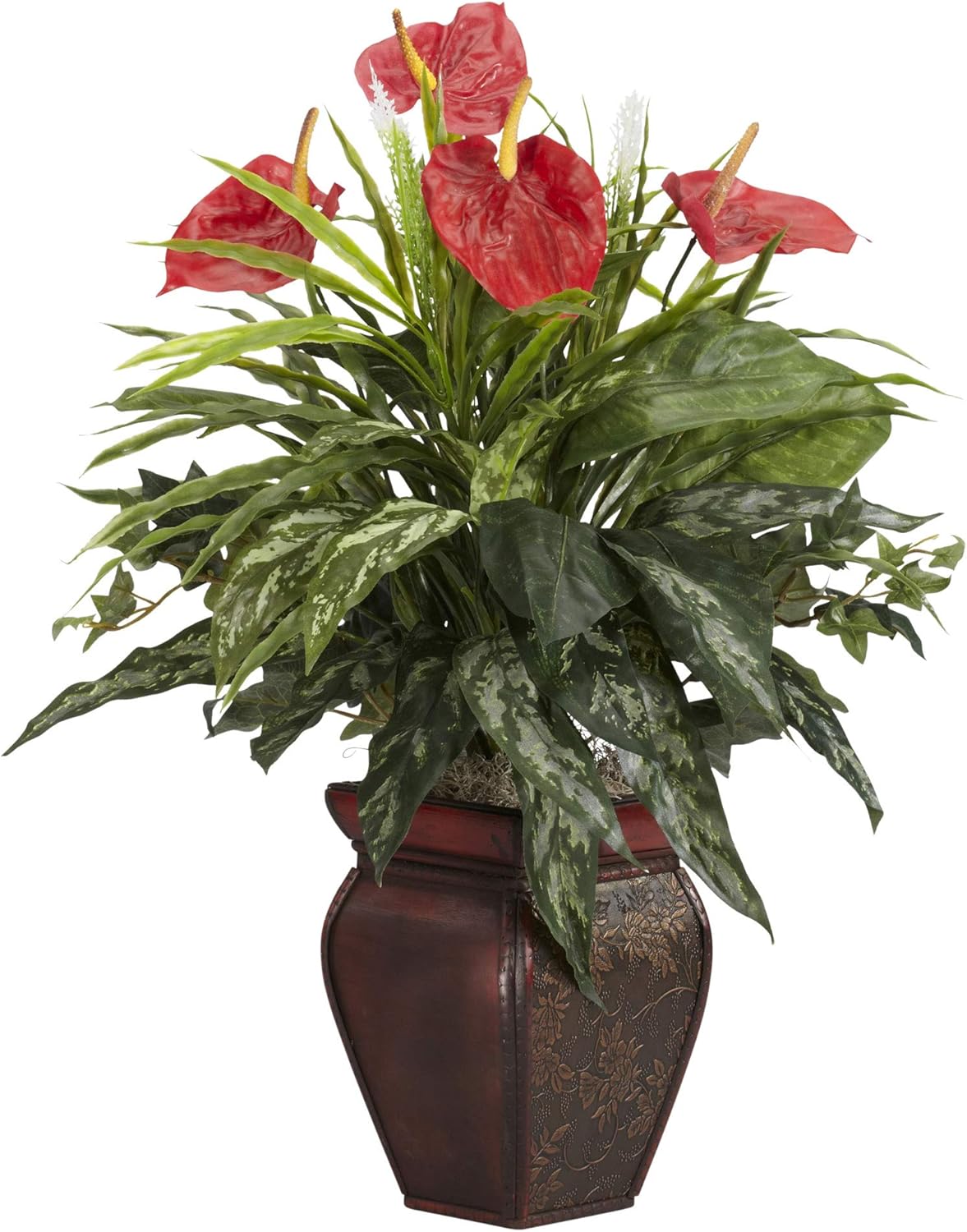 Nearly Natural Mixed Greens & Anthurium with Decorative Vase Silk Plant