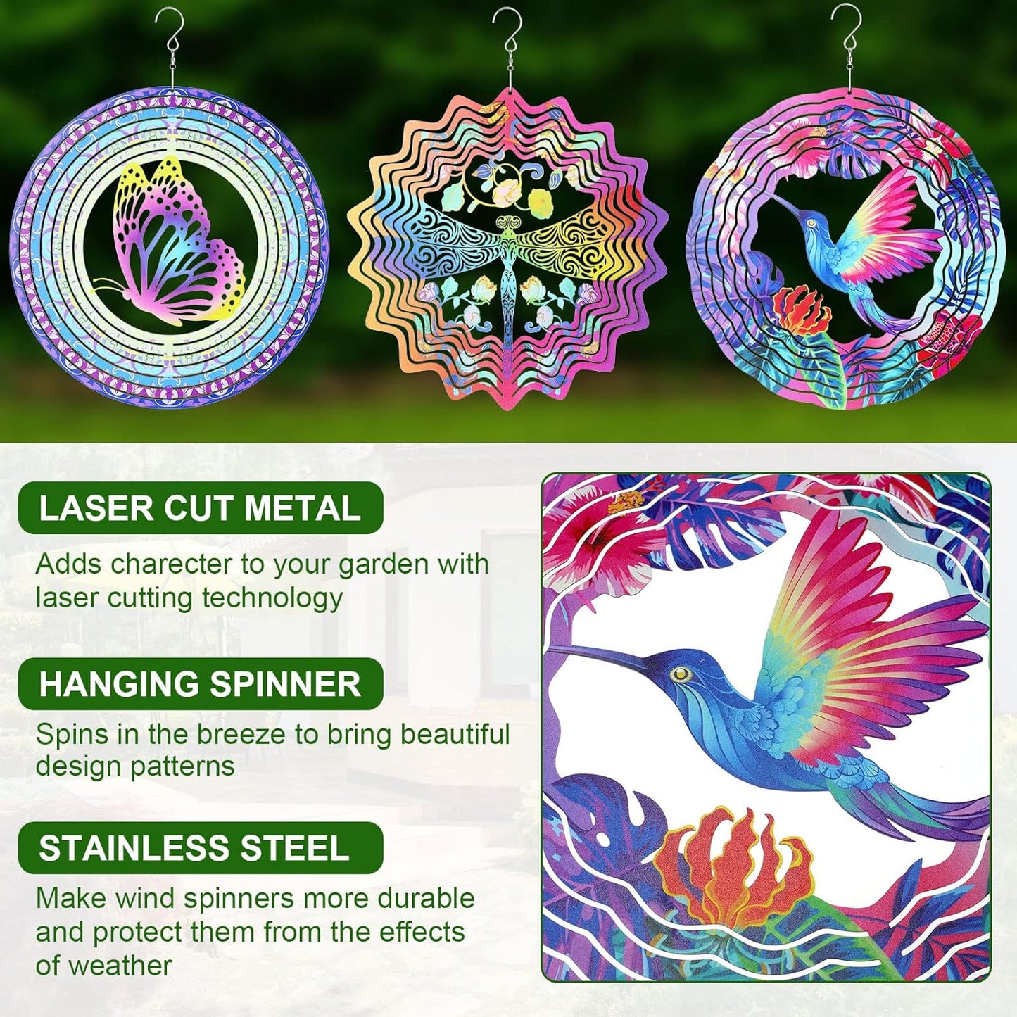 3 Pack Stainless Steel Wind Spinner Butterfly Dragonfly Hummingbird for Yard and Garden 12 Inch 3D Metal Wind Spinner Hanging Outdoor Porch Decor Art Kinetic Sculptures for Indoor Outdoor Decorations