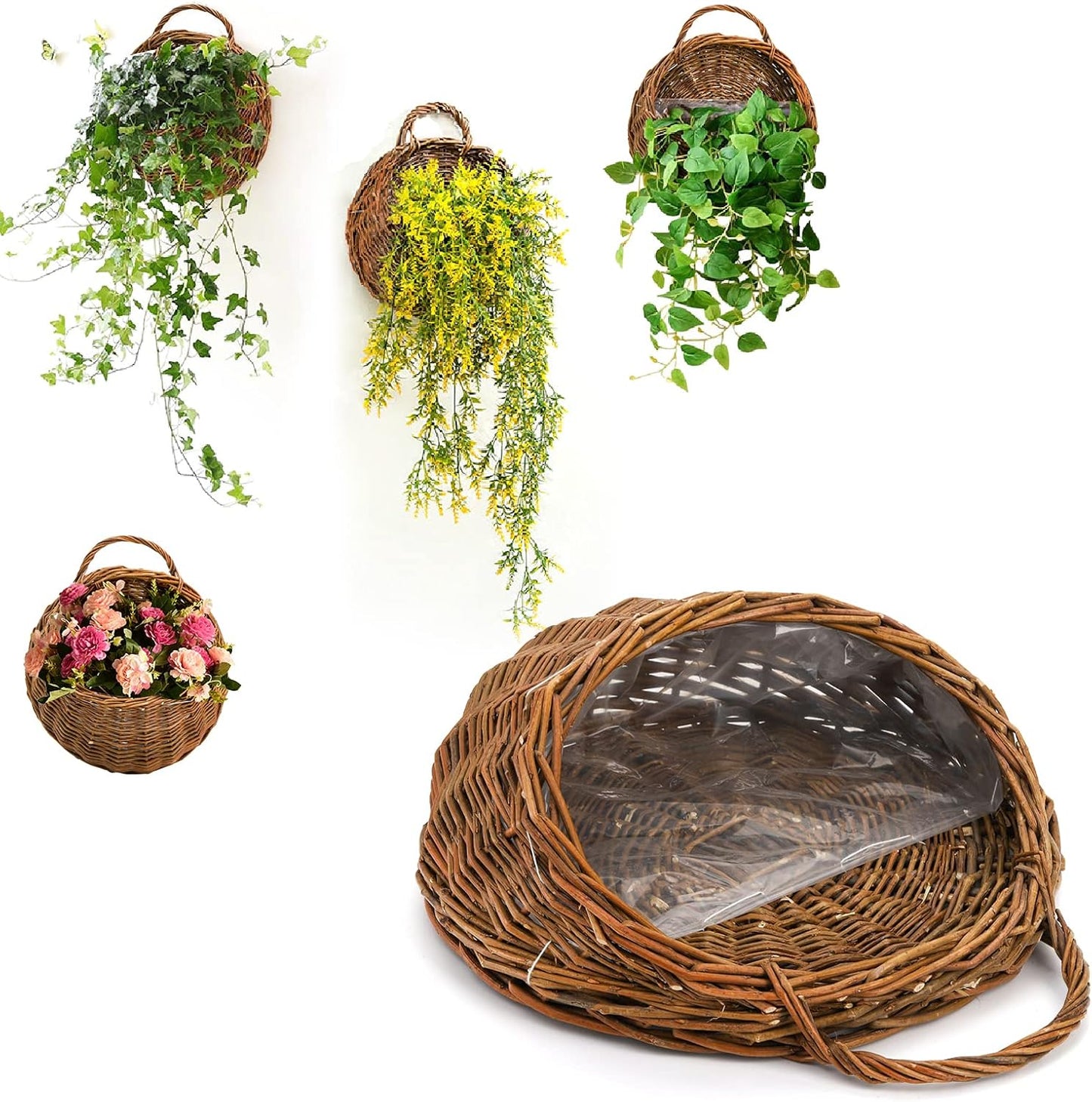 Foraineam Handmade Woven Hanging Basket, Natural Wicker Storage Basket Wall Hanging Flower Pot, Rattan Hanging Planter Container for Home Garden Wedding Wall Decorations