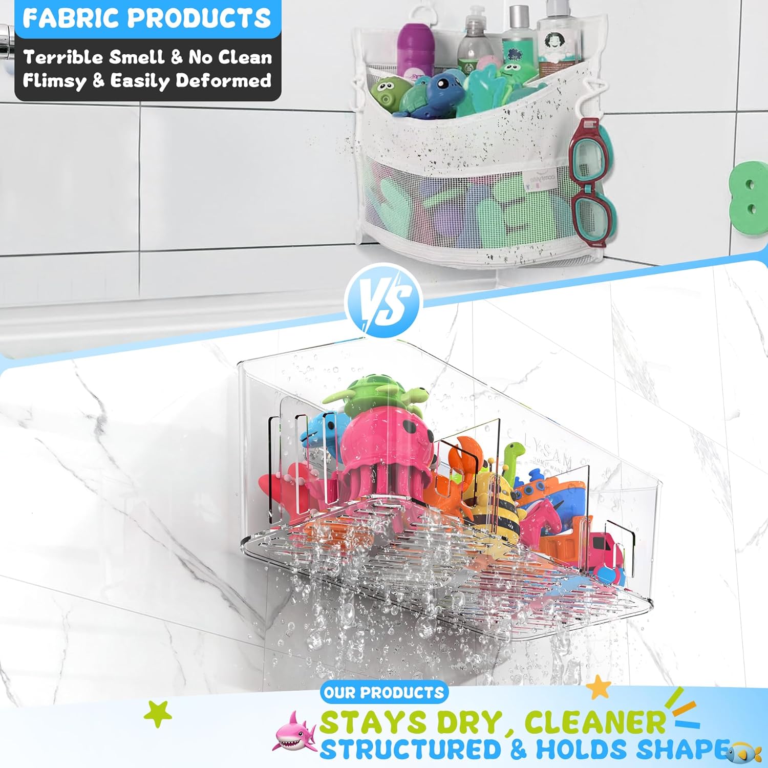Lysam Bath Toy Storage 2 Packs, Large Bath Toy Holder with 3 Compartme