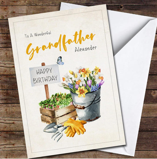 Grandfather Watercolour Flowers Sprouts And Garden Tools Card, Persona