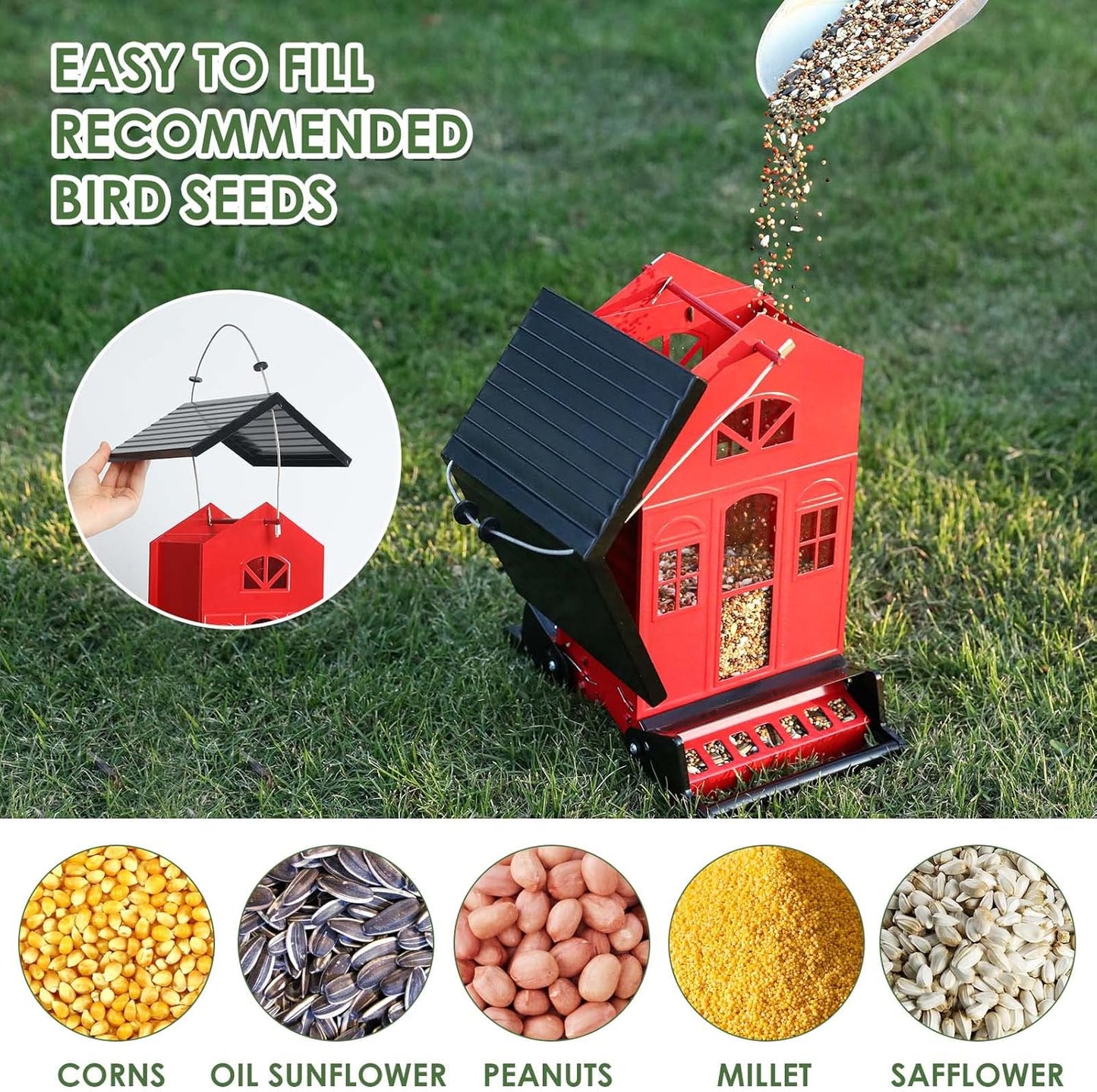 Birdkiss Bird Feeder Squirrel-Proof Outside: Country House Series for Hanging - Metal - 5LBs Seed - Weight-Activated for Outdoors - Large Capacity and Red
