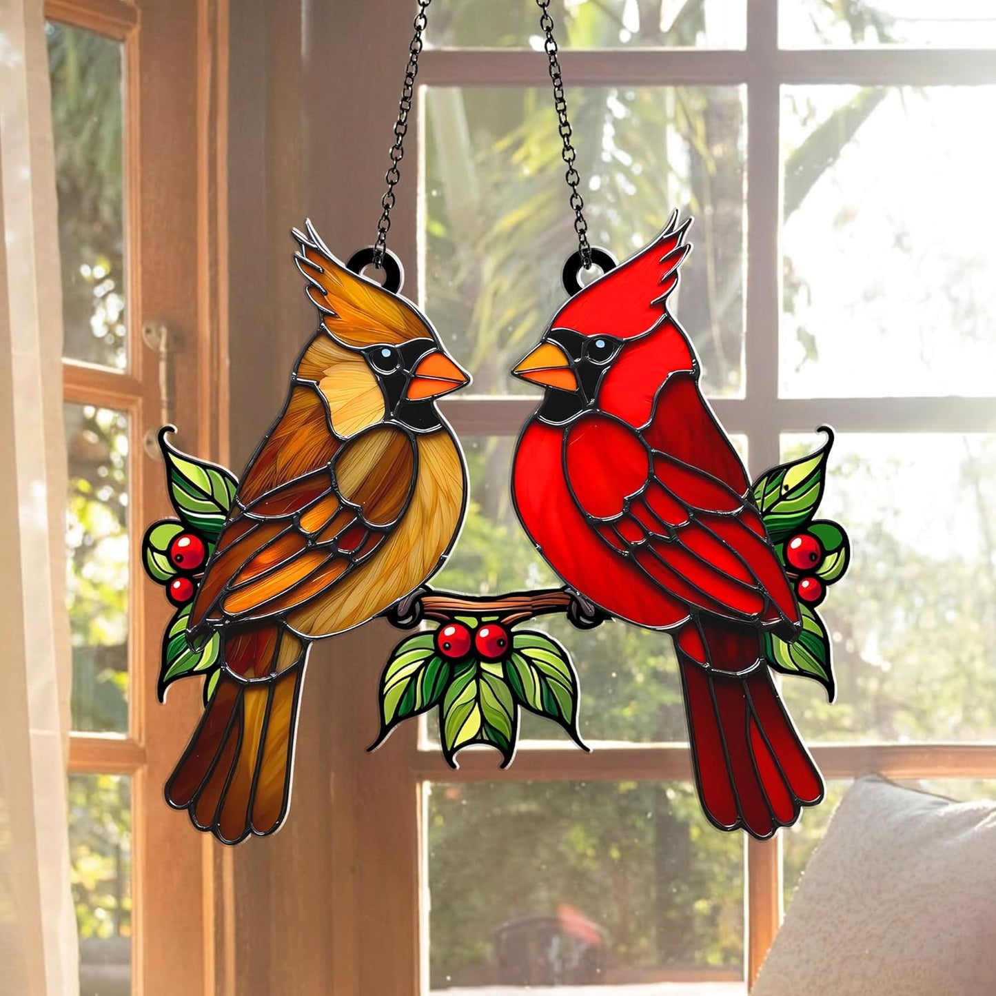 Cardinal Bird Suncatcher – Acrylic Window Hanging Ornament, Red & Brown Cardinal Couple, Memorial Bird Sun Catcher Gift for Mom, Nature Garden Window Decor (Sun-32)