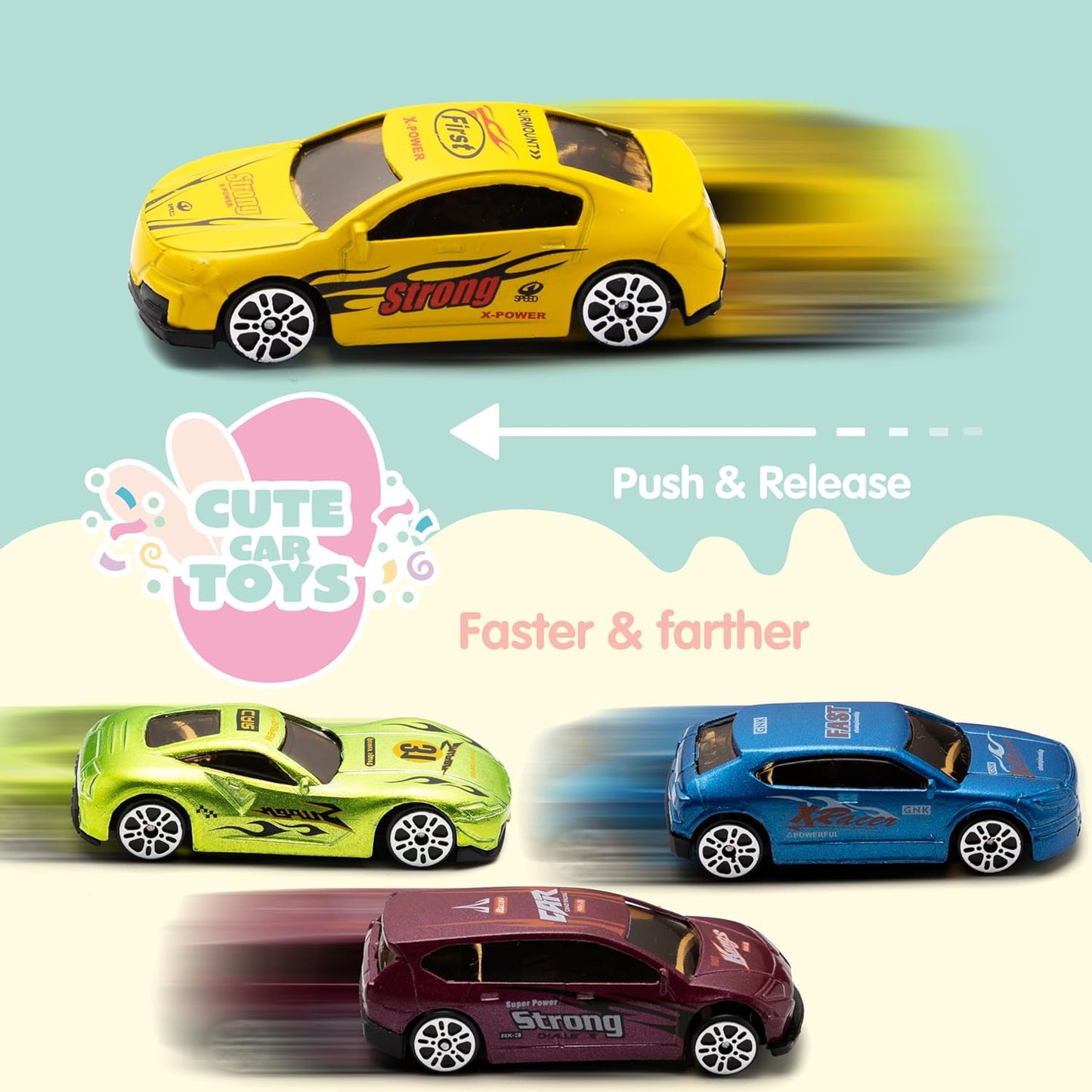 JOYIN 12 Pcs Die-Cast Car Filled Big Easter Eggs, Bright Colorful Prefilled Plastic Eggs with Different Die-cast Cars for Boys, Basket Stuffers and Kids Party Favors