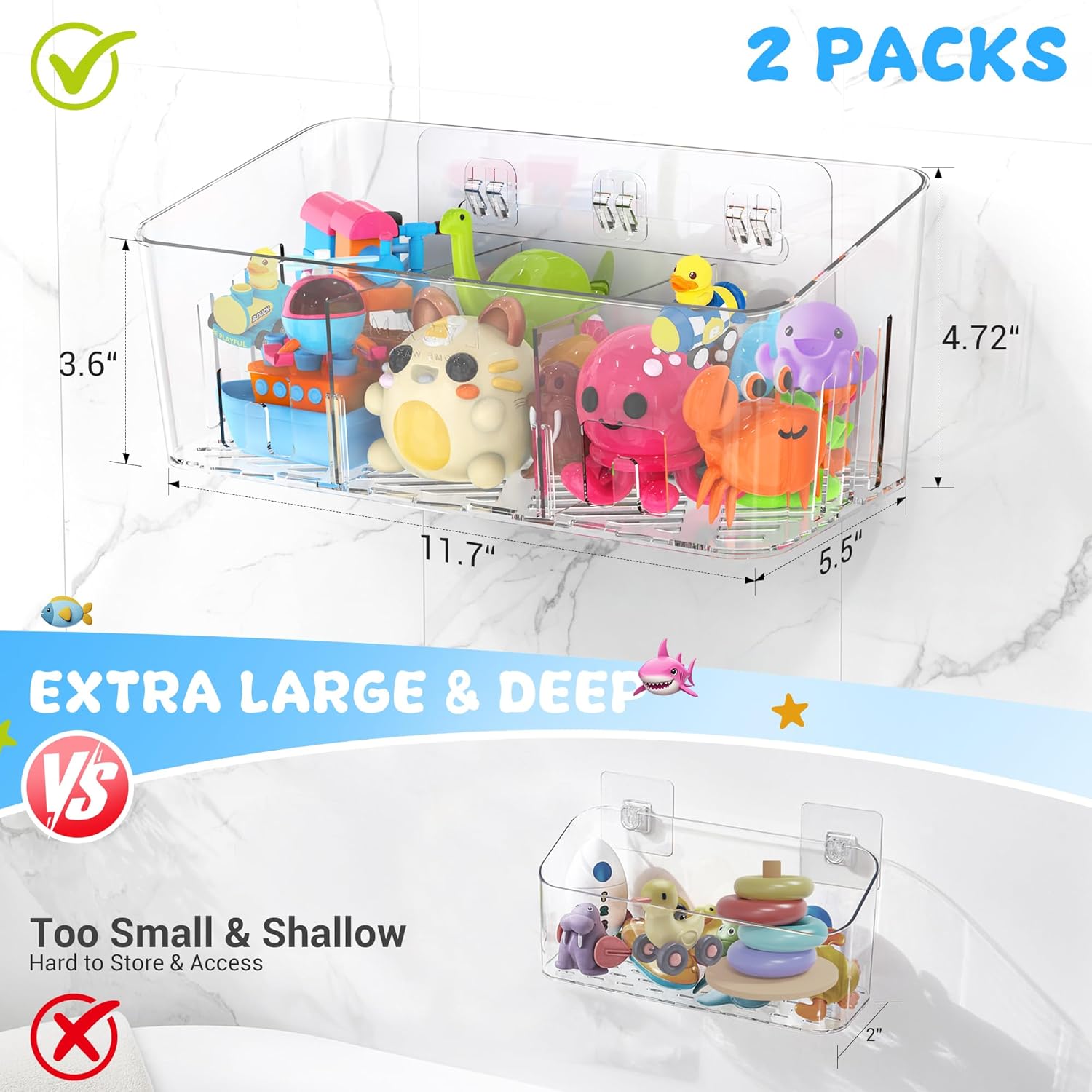 Lysam Bath Toy Storage 2 Packs, Large Bath Toy Holder with 3 Compartme