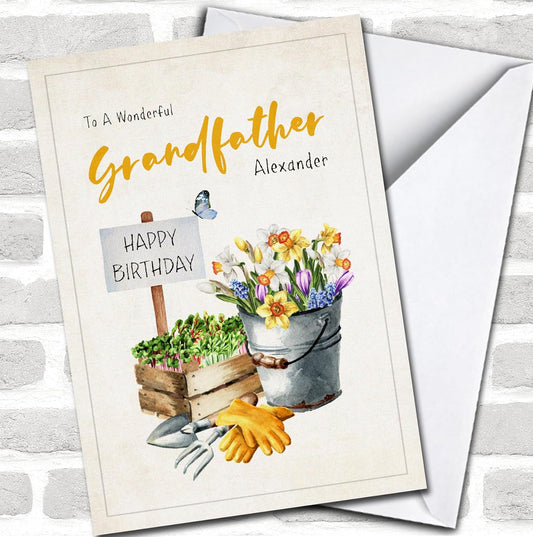 Grandfather Watercolour Flowers Sprouts And Garden Tools Card, Persona