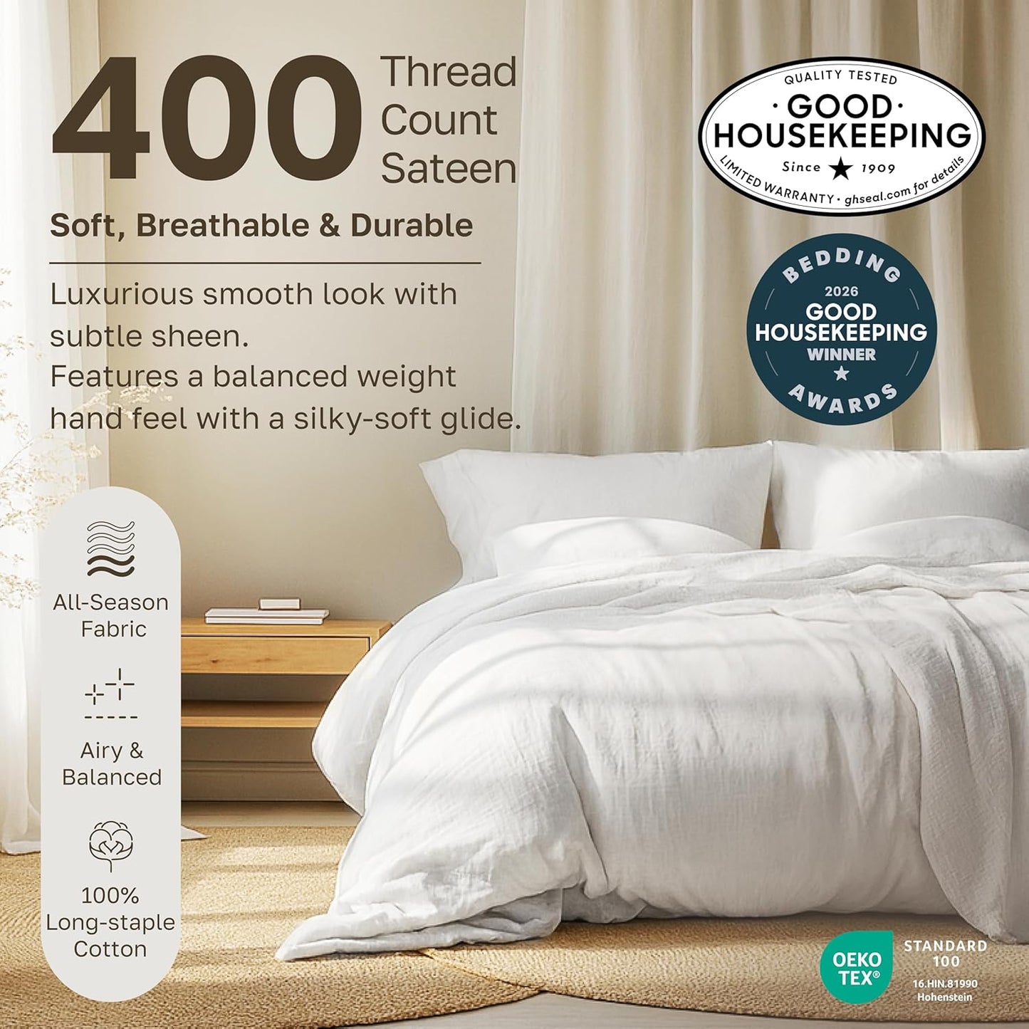 California Design Den Natural 100% Cotton Sheets Queen Size Bed Set - Soft 400 Thread Count Sateen, Queen Sheets, Deep Pockets with All Around Elastic for a Snug Fit, Durable Bedding - White
