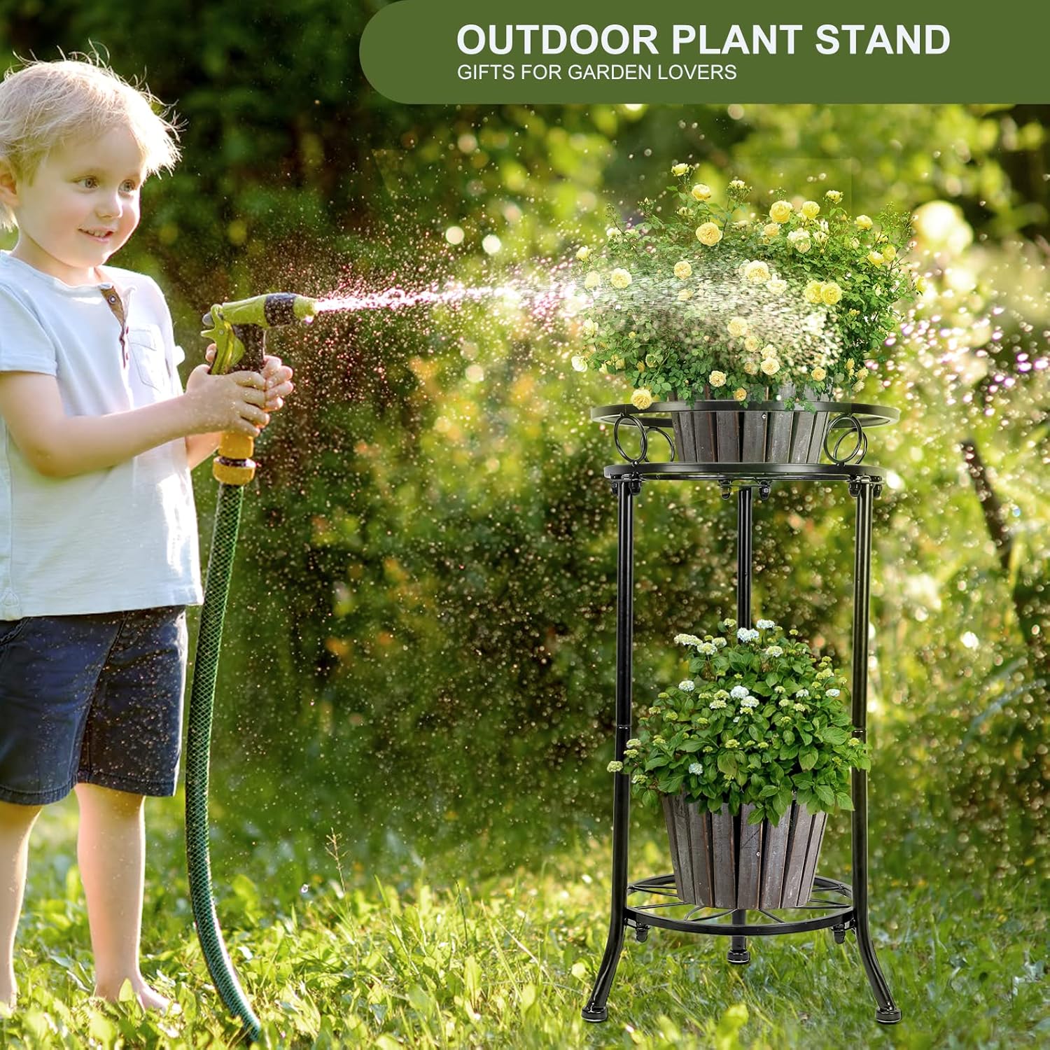 Plant Stand Indoor 2-Tier,20.3 Outdoor Tall Metal Plant Stands Black,S