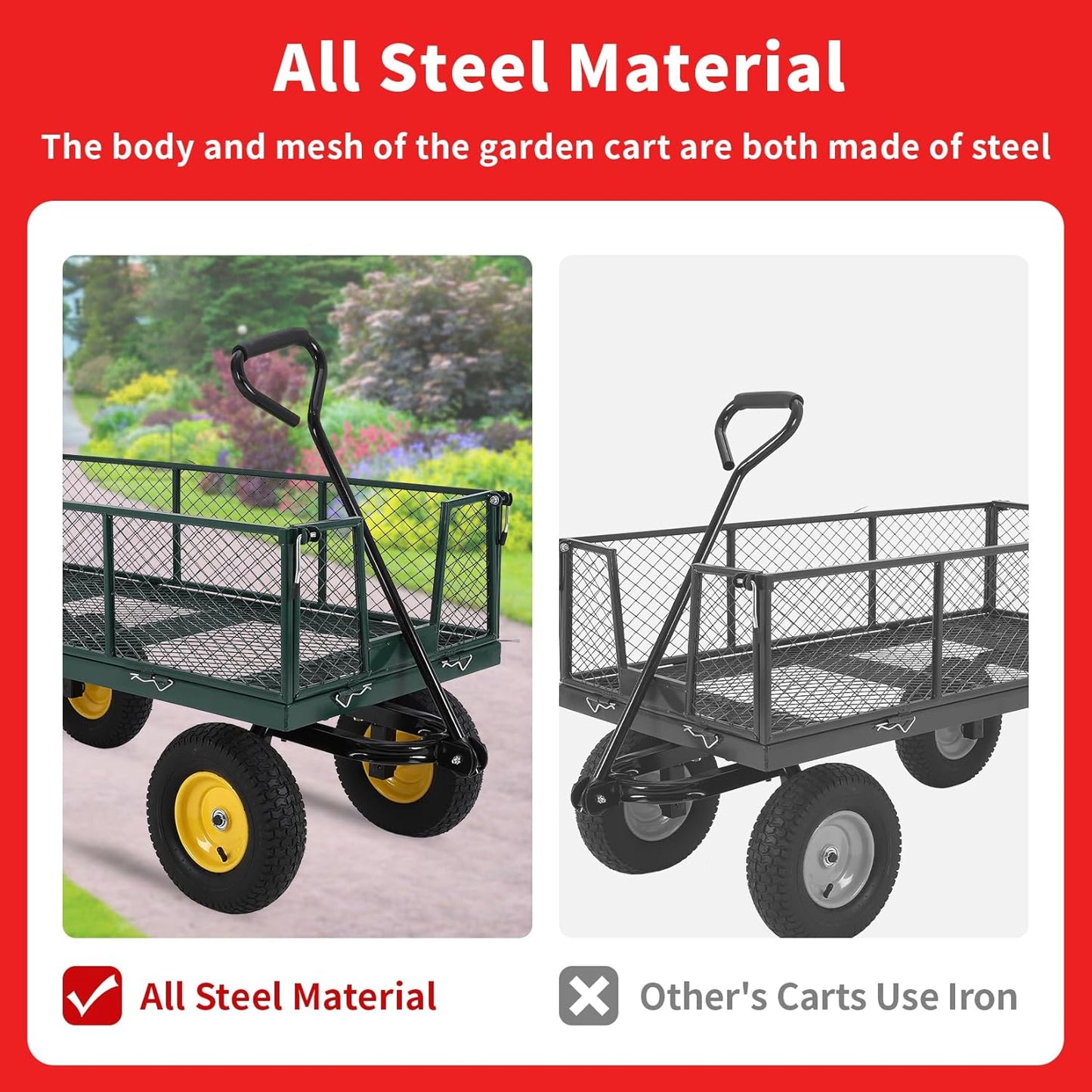 GarveeLife Garden Cart on Wheels 1100 LBS Capacity, Heavy Duty Full Steel Utility Wagon, Versatile Flatbed Carts with Removable Mesh Sides, 180° Rotating Handle, Fit for Outdoor Garden, Lawn, Yard
