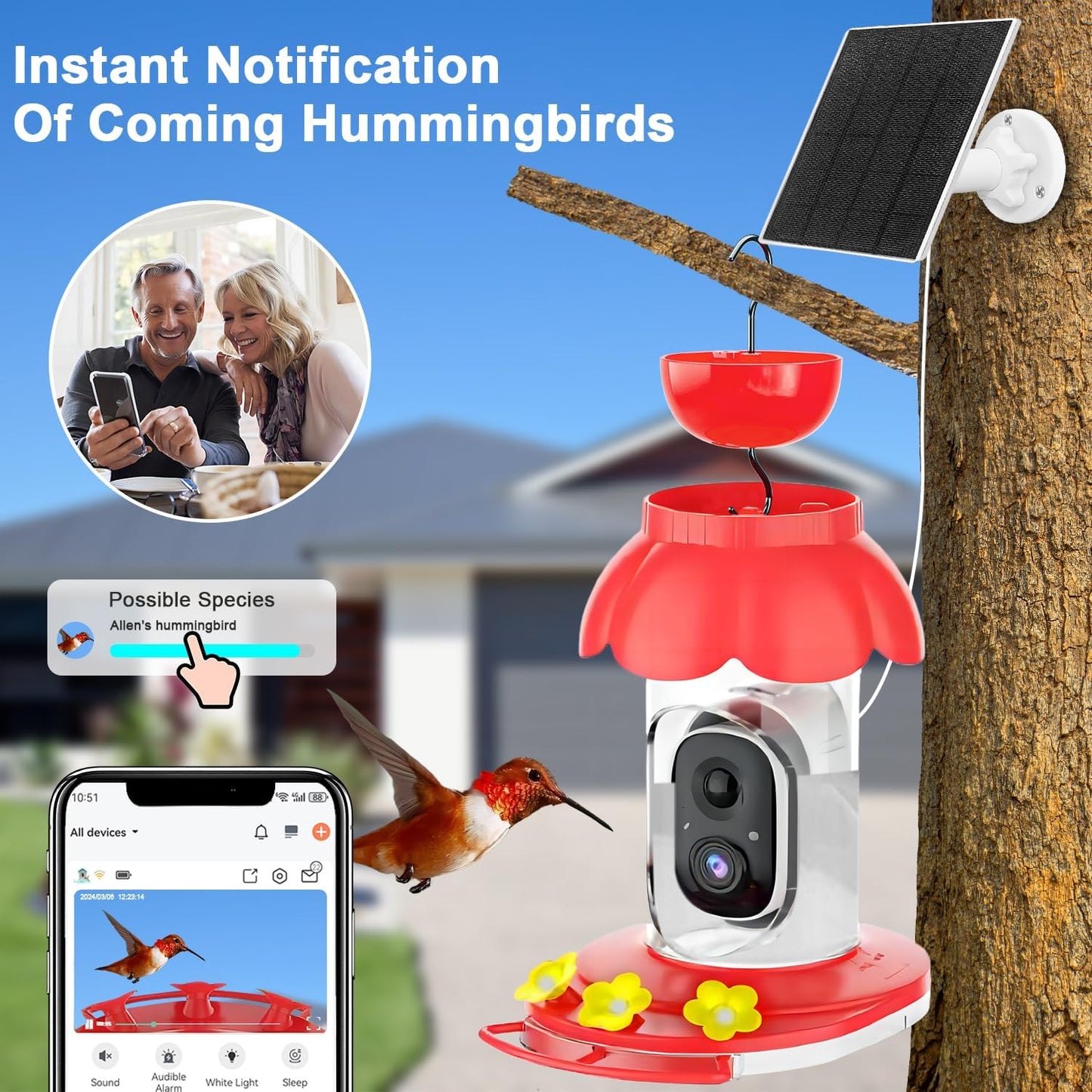 Hummingbird Feeder with Camera, Smart Hummingbird Feeder Camera Solar Powered with AI Identify, Auto Capture Bird Videos & Motion Detection, Ideal Gift for Bird Lovers