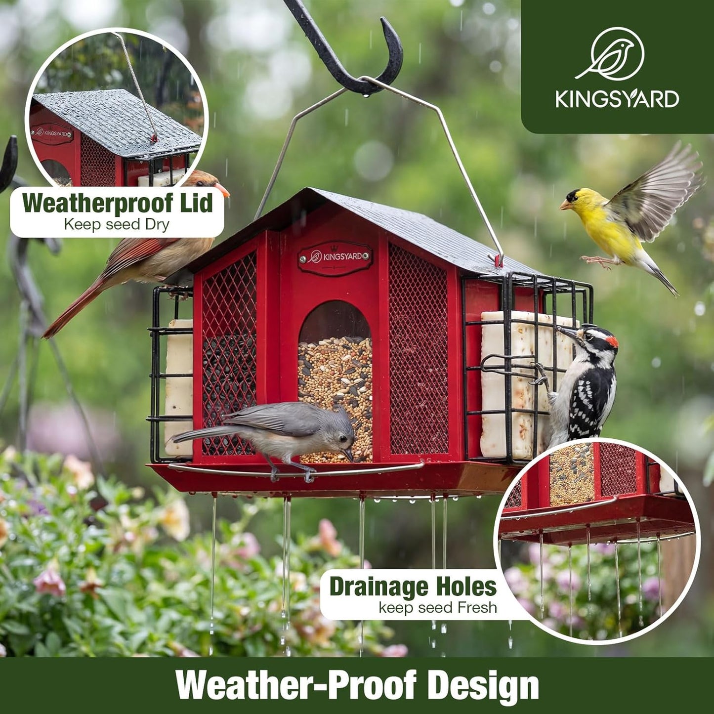 Kingsyard Large Metal Bird Feeders for Outdoors Hanging with Double Suet Cage Weatherproof Roof, 4 in 1 Suet Feeder for Woodpecker, 4 Lbs Capacity Bird Feeder House for Cardinal Finch Chickadee, Red