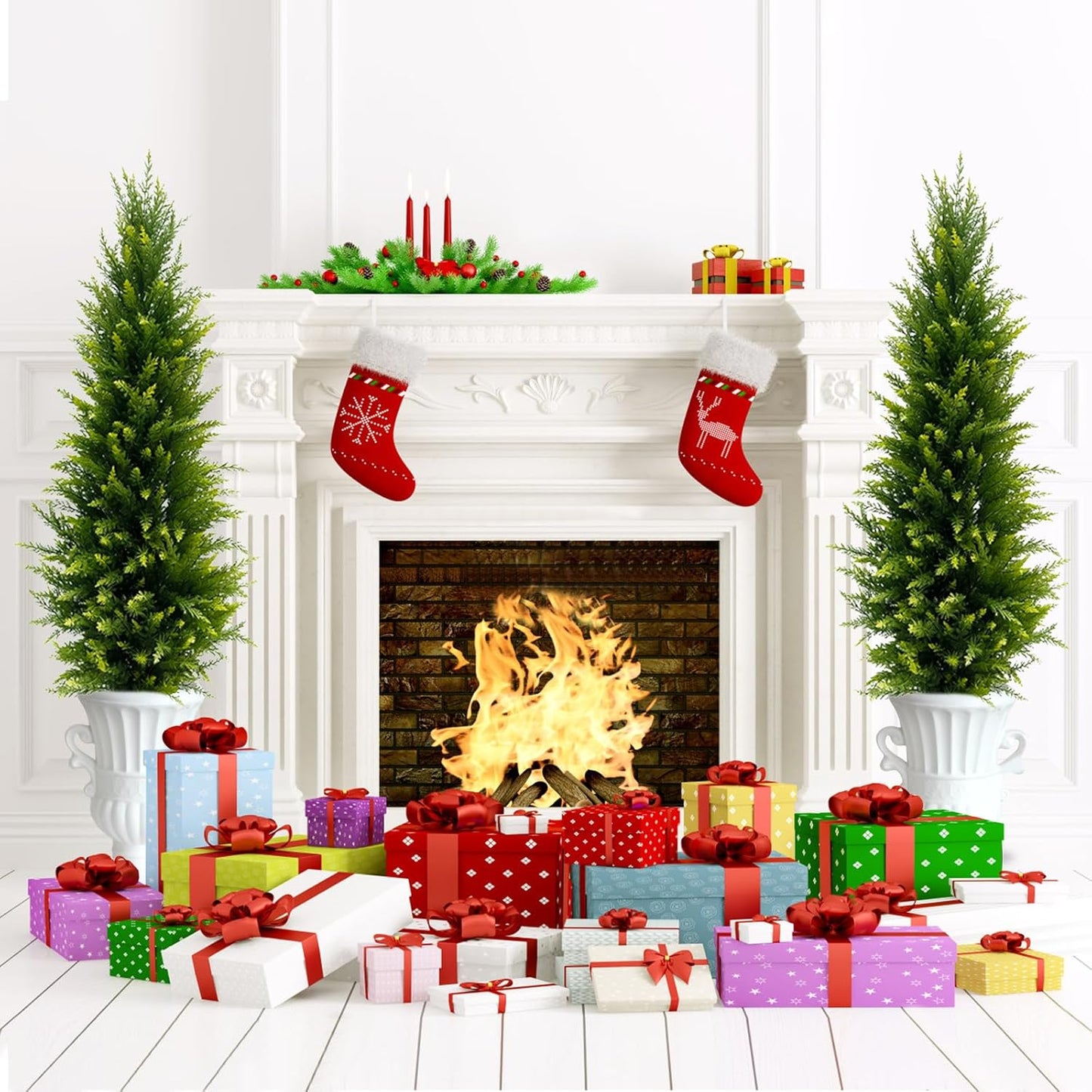 4FT Artificial Cedar Topiary Trees (Set of 2) - UV Resistant Outdoor Indoor Potted Plants, Realistic Faux Cedar Bushes for Porch, Front Door, Patio, Home & Office Decor, No Maintenance