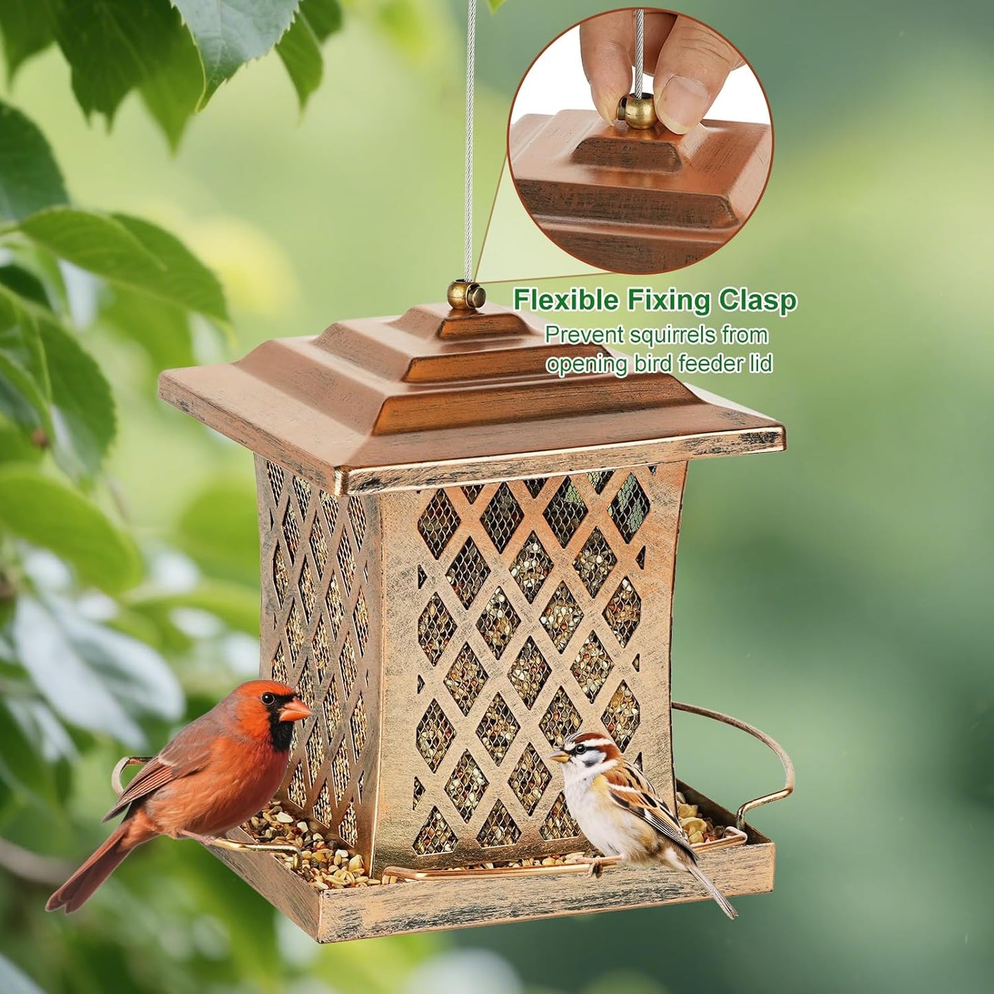 Outdoor Bird Feeder, Heavy Duty Retro Lamp Style Bird Feeders for Outside Hanging, Double Metal Mesh Birdfeeder with Lid Fixing Buckle, 3Lbs Capacity - Bronze