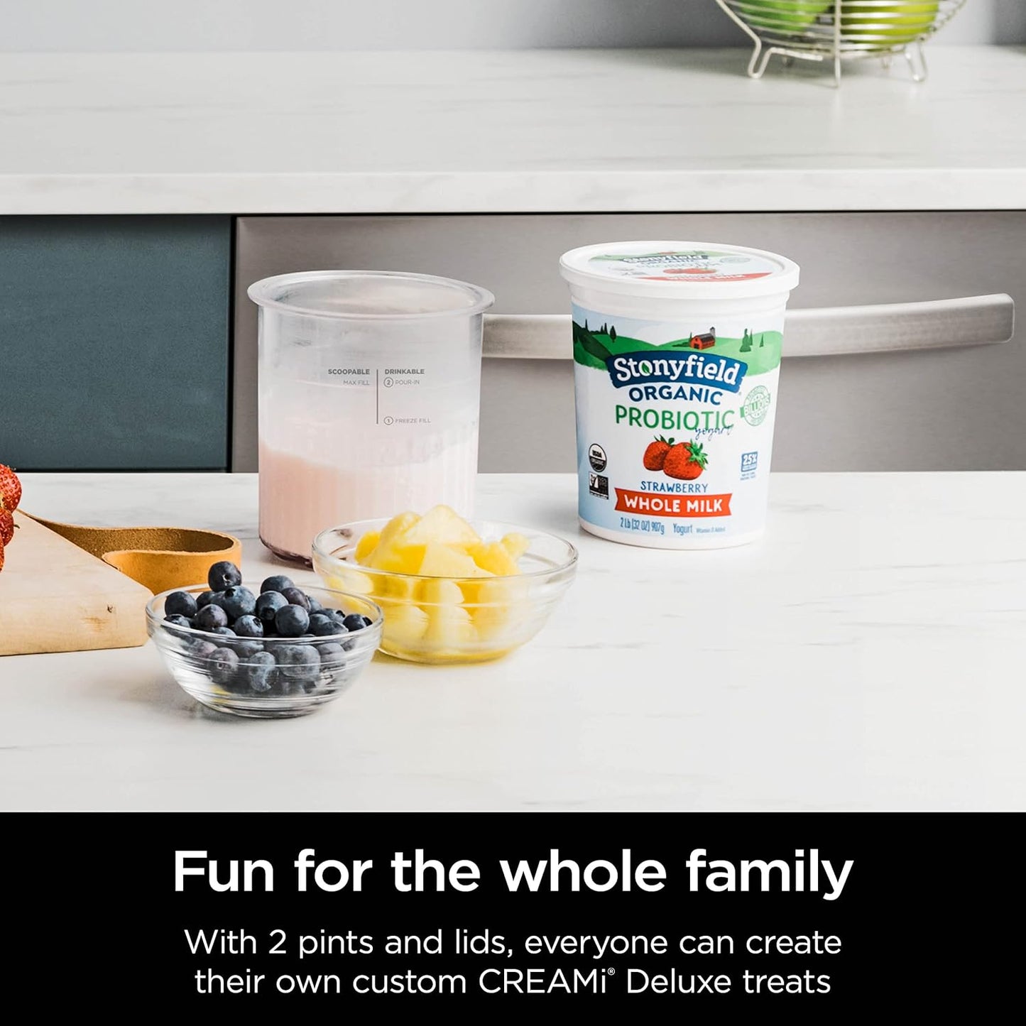 Ninja Creami Deluxe Pints 2 Pack, Compatible with NC500 Series Creami Deluxe Ice Cream Makers, Genuine Ninja Pint, BPA-Free & Dishwasher Safe, Color Lids, 1 Pint Each, Clear/Coral/Yellow, XSKPNTLD2