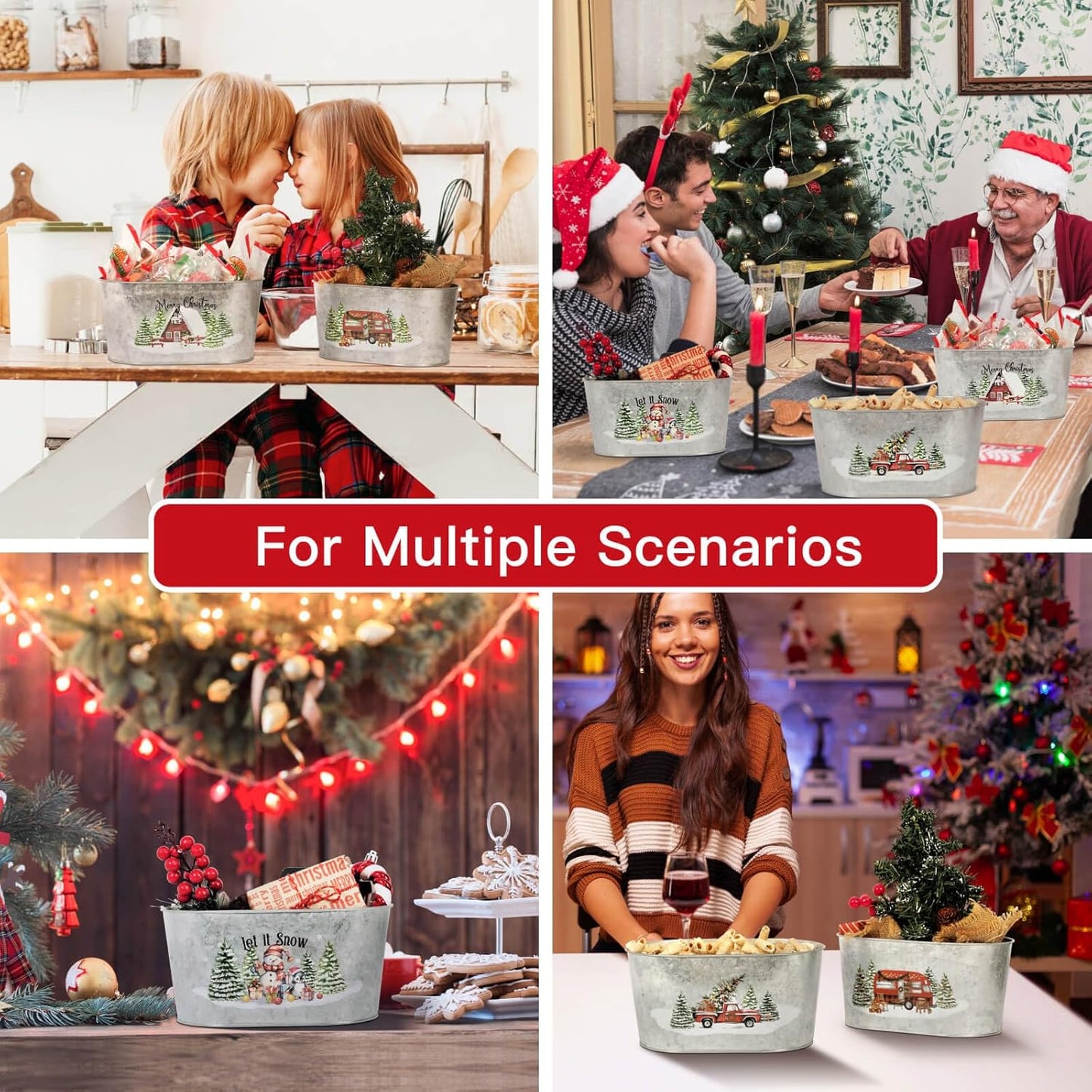 Putuo Decor Christmas Metal Buckets, 5 Pieces Christmas Tin Pots Small Christmas Decorations Oval Pots, Galvanized Beverage Tubs Small Pails for Party Home Table Centerpieces Storage Decor 9in