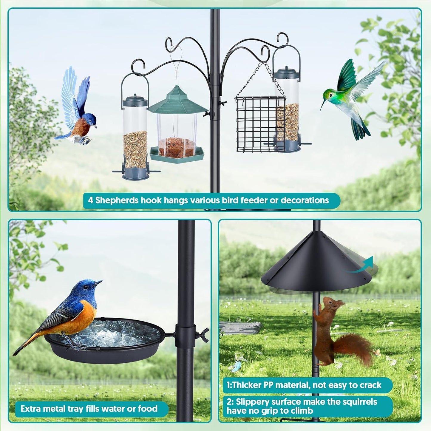 Bird Feeder Pole 92 Inch True Heavy Duty Birdhouse Pole with Squirrel Proof Baffle for Outdoor, Adjustable Bird Feeder Stand with 4 Shepherds Hook Mental Tray for Garden Attracting Wild Birds