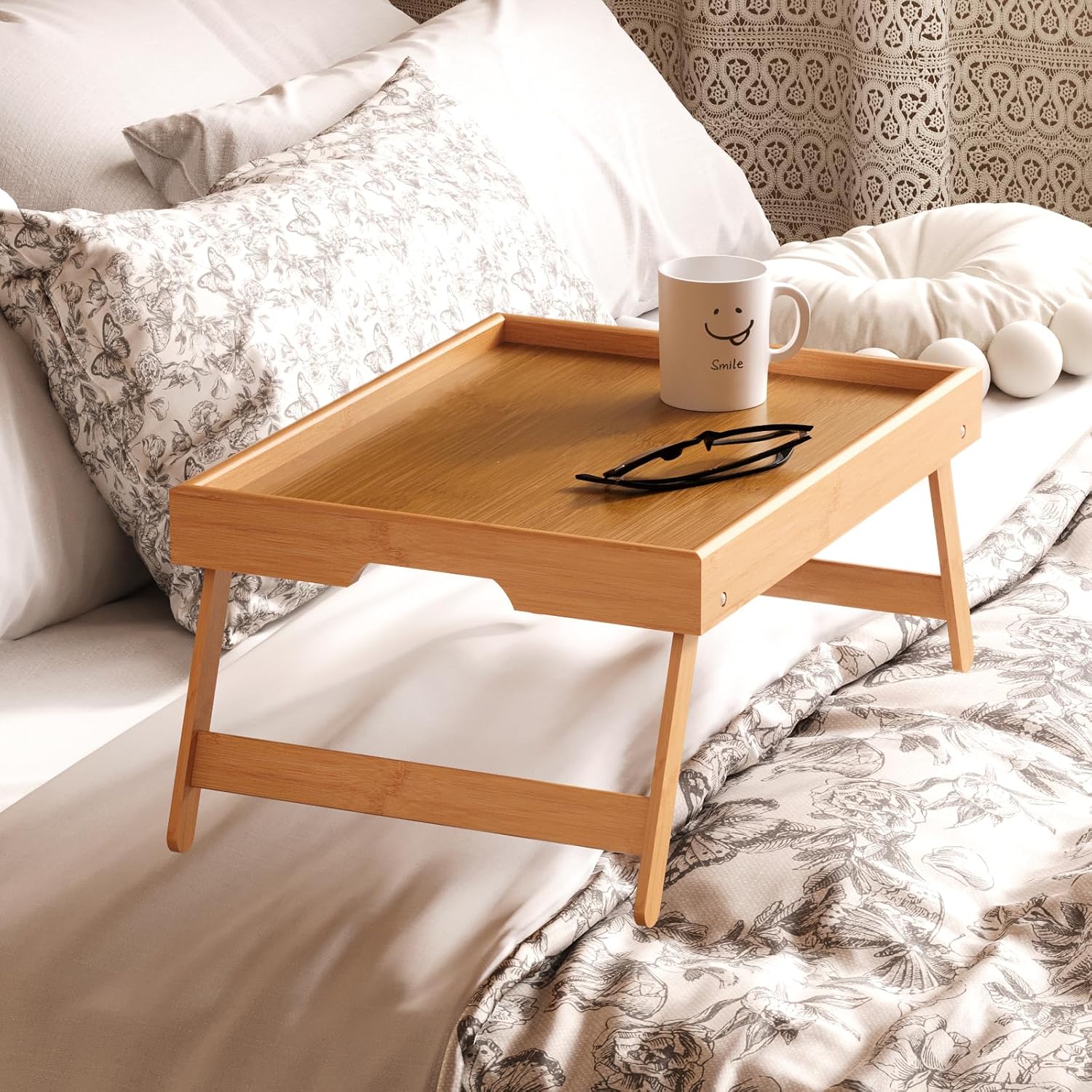 2 Pack Bamboo Bed Tray Table with Folding Legs,Breakfast Trays,Serving