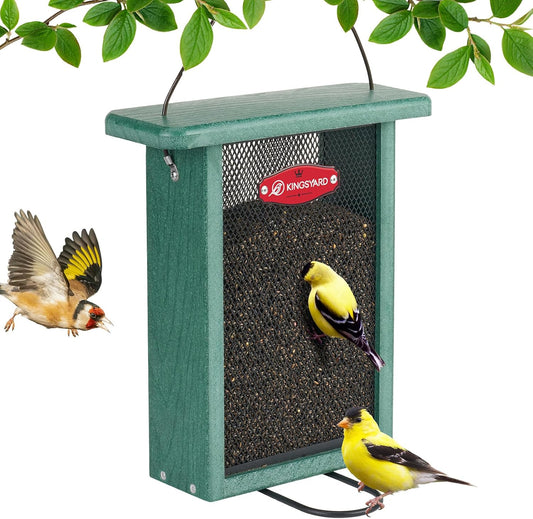Kingsyard Metal Mesh Bird Feeder for Outdoors Hanging, Finch Feeder for Nyjer/Thistle, Sliding Mesh & Built-in Perch, Recycled Plastic, Green