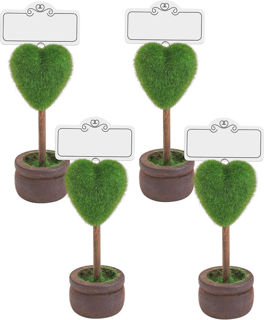 4PCS Love Green Plant Style Place Card Holders –Birthday, Artificial Topiary Cedar Ball Tree, Mini Potted Plant Style Name Card Stands for Party,Office Decor