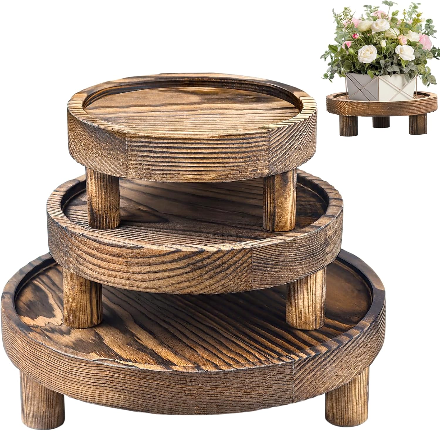 3 Pcs Wooden Risers for Display, Round Wood Riser Plant Stand 5/6/8" P