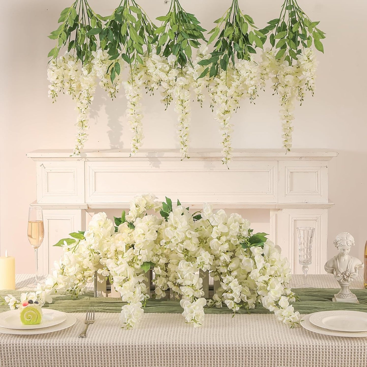 Wisteria Hanging Flowers, Spring Fake Flower for Vase, 2Pcs Silk Wisteria UV & Fading Resistant Faux Plant for Wedding Arch Backdrop Outdoor Patio Garden Decoration Centerpiece Table (White)