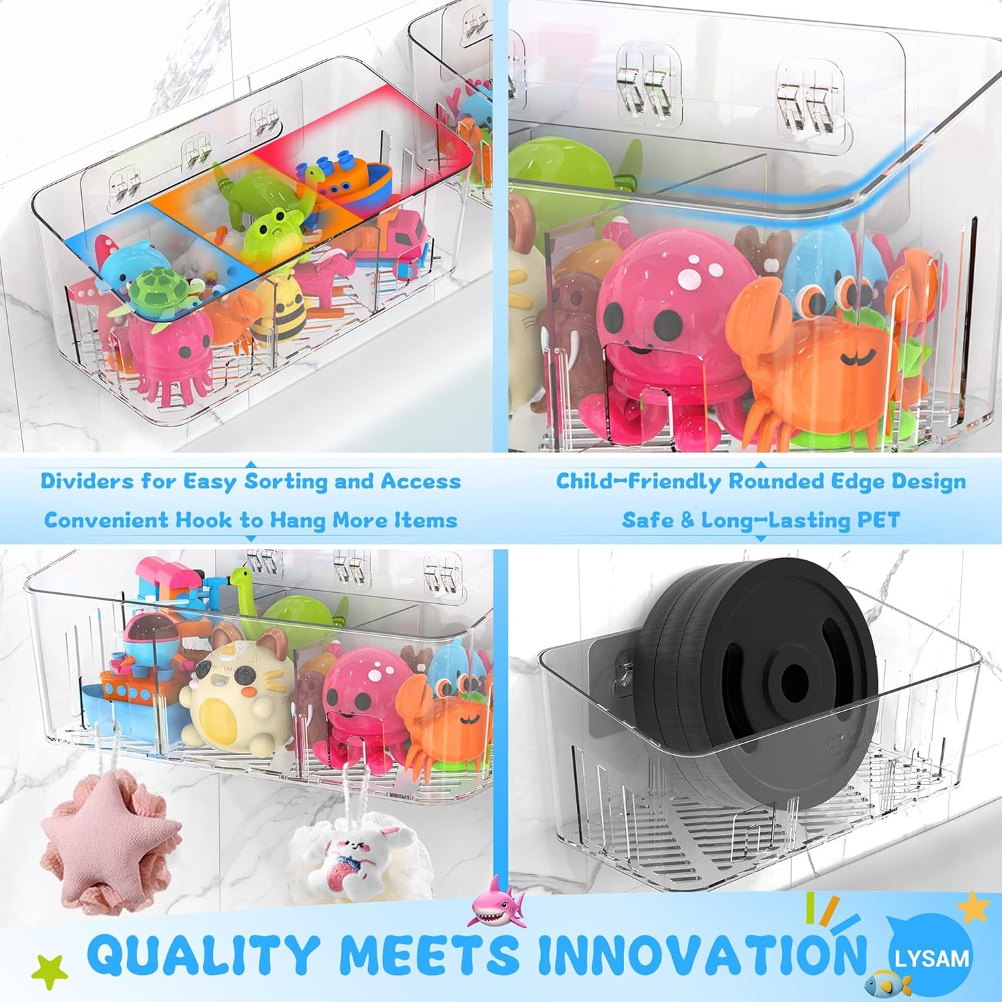 Lysam Bath Toy Storage 2 Packs, Large Bath Toy Holder with 3 Compartme