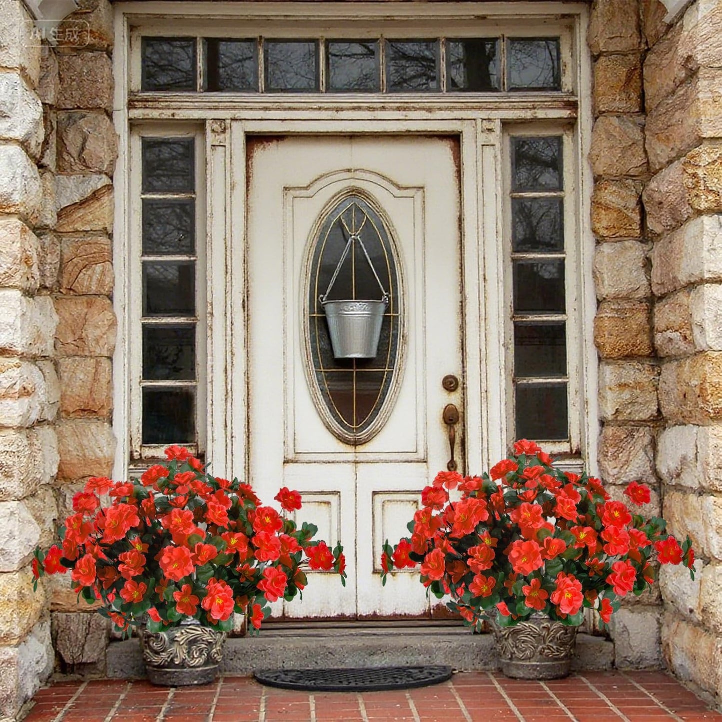 6 Bundles Artificial Flowers for Outdoors UV Resistant Faux Silk Camellia Red Flowers for Planter Front Door Porch Patio Home Garden Balcony Decoration