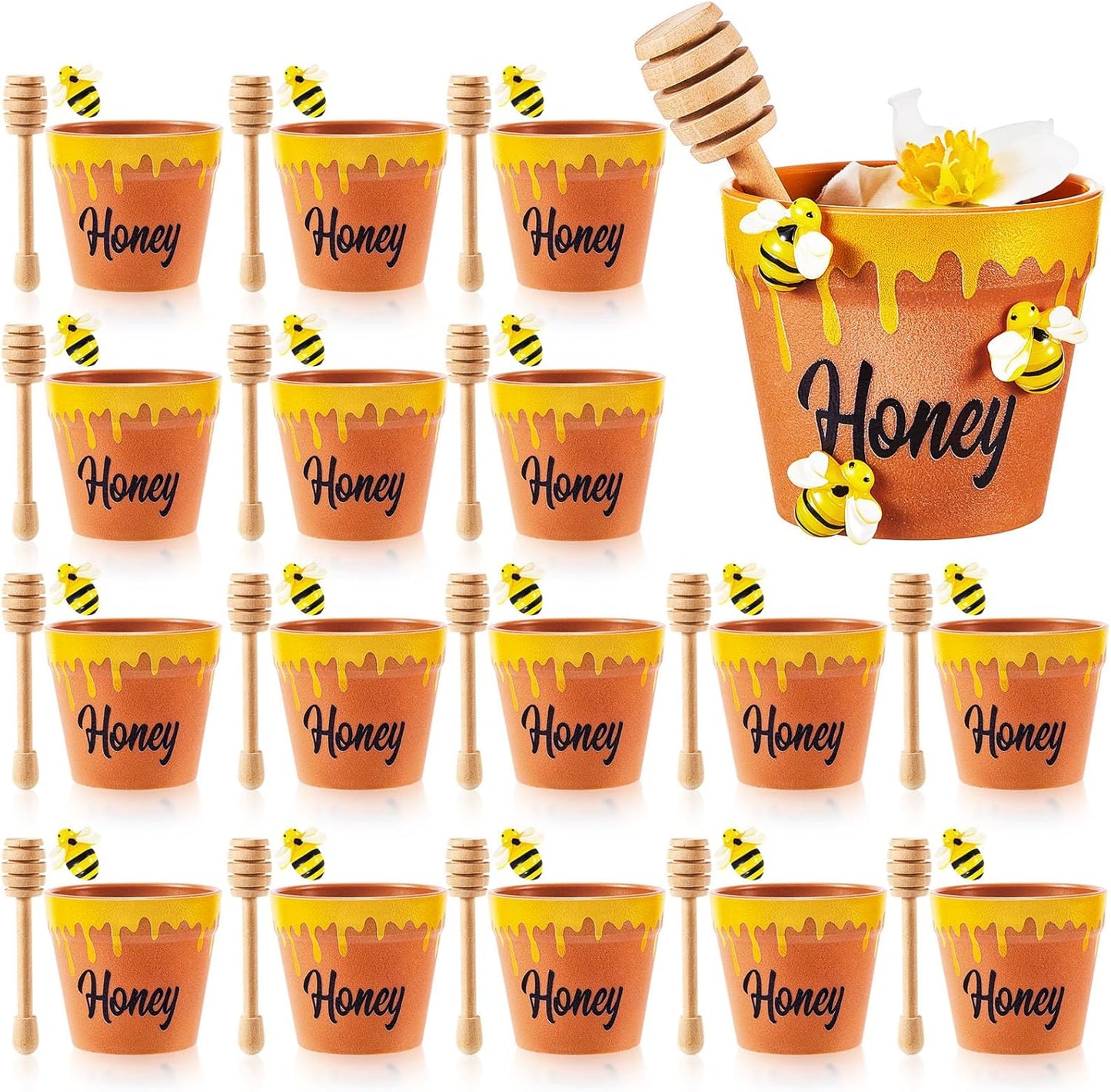 meekoo 16 Sets 16 Sets Mini Honey Bee Pots with Wooden Dippers Charms Honey Jars for Cupcake Planter Chocolate Chips bee Themed Baby Shower Favors Wedding Gifts for Guests