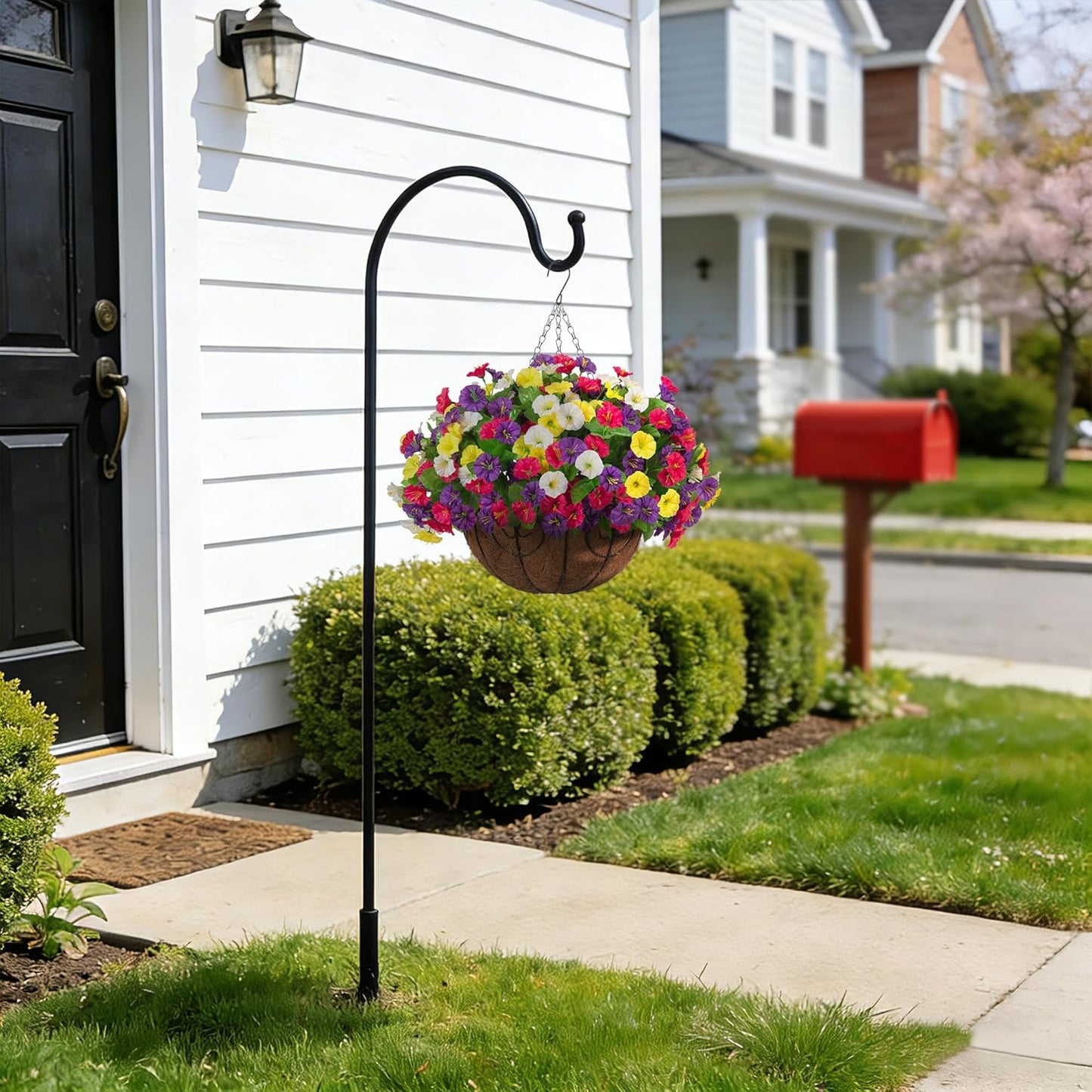 Artificial Fake Hanging Flowers with Basket, Faux Silk Morning Glory Flower Arrangement for Spring Summer Decor, Hanging Plant for Patio Garden Porch Outdoor Decor