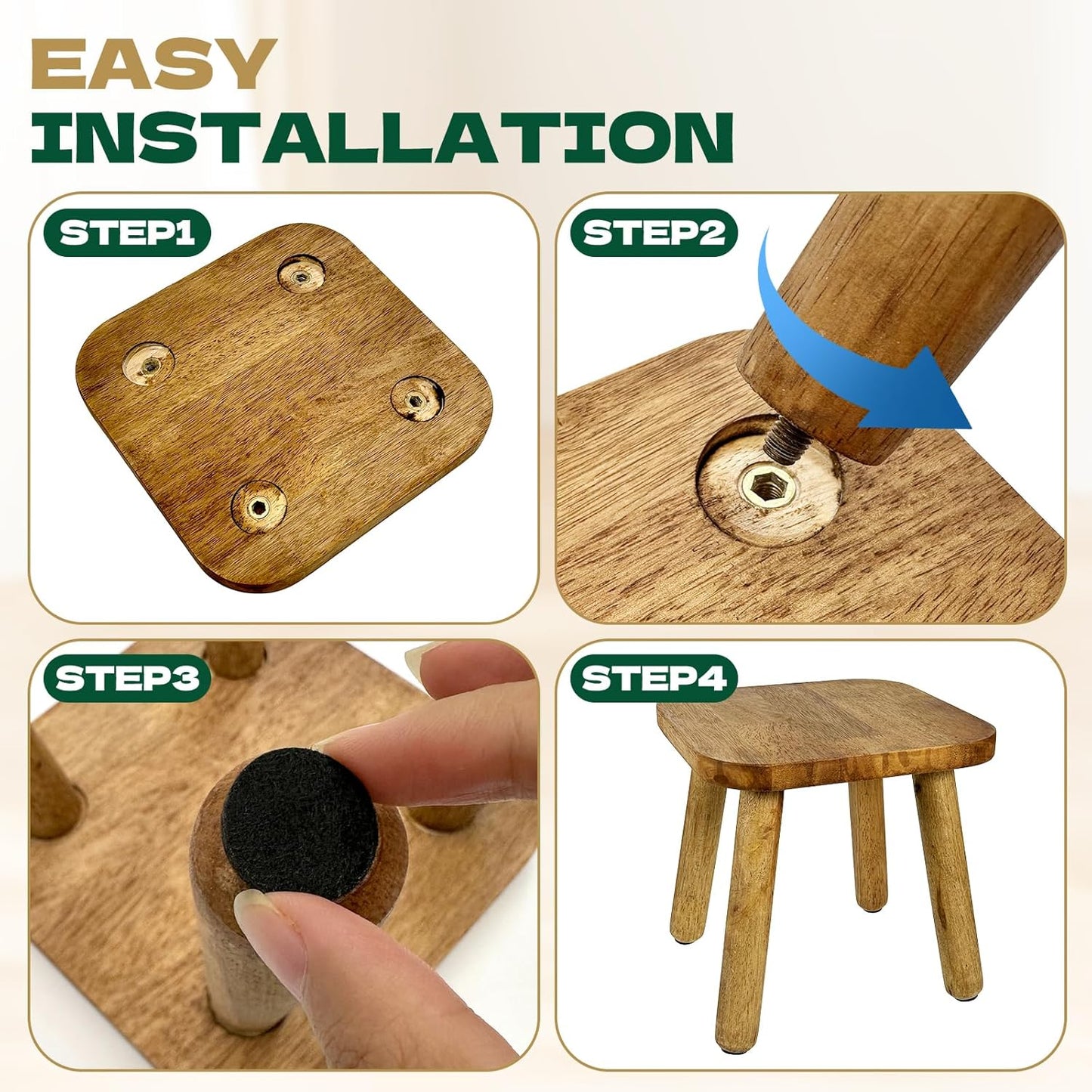 2 Pack Small Wooden Step Stools 9 Inch, Non-Slip One Step Stool Holds 300 lbs, Sturdy Bathroom Stool Plant Stand Square Footstool for Bedroom, Bathroom, Nursery, Easy Assembly