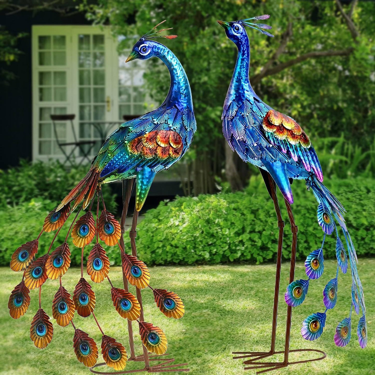 Kircust Peacock Garden Statue and Sculpture, Metal Peacocks Yard Art Lawn Decor, Large Birds Garden Sculptures & Statues for Patio Backyard Pond Home Decoration