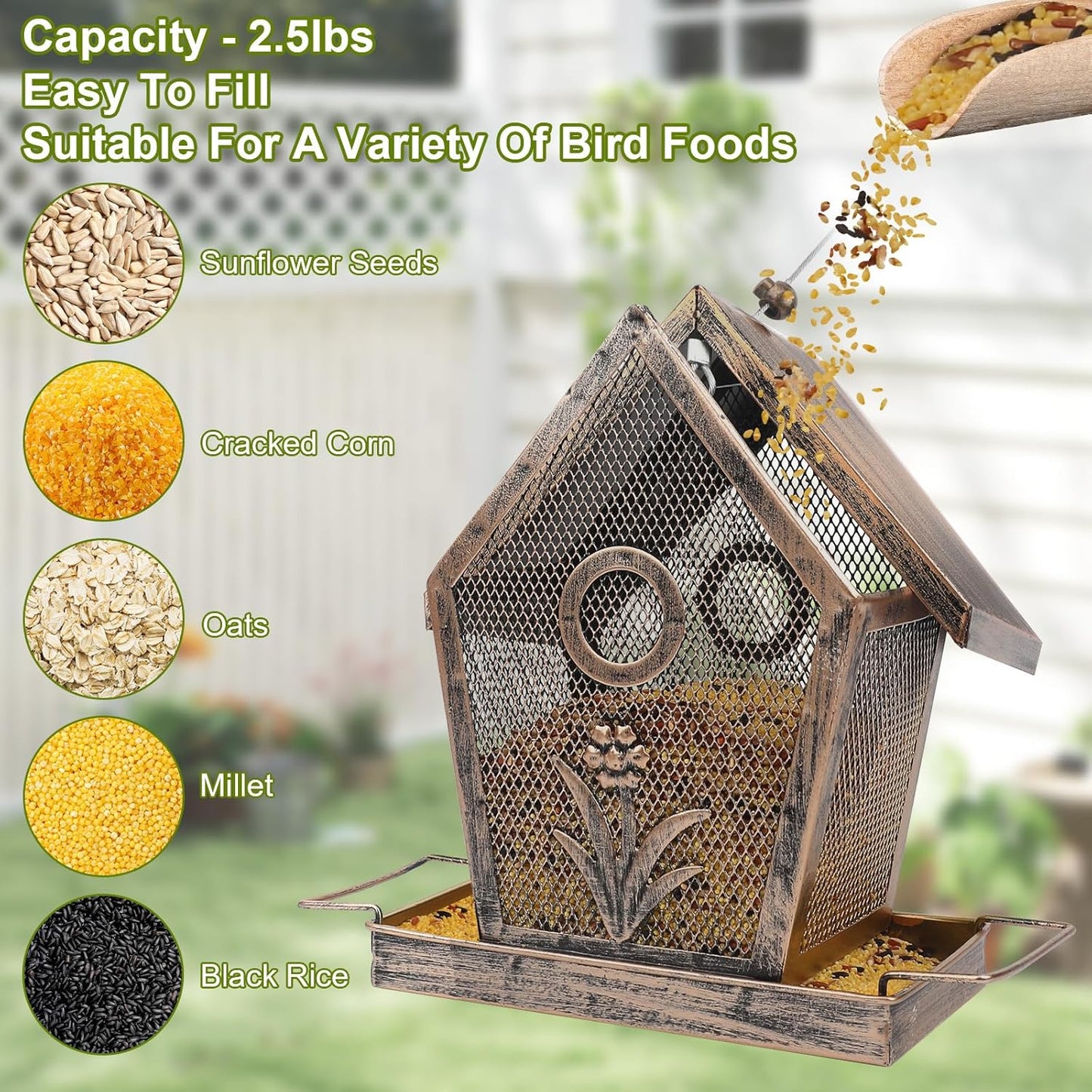 Bird Feeder, Metal Bird Feeders for Outdoors Hanging, Small Wild Birdfeeder for Outside Garden Yard Backyard, 2.5LB Capacity